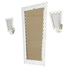 1950's Mirror with curved metal mesh frame with two wall lights