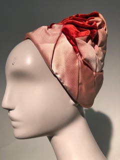1950s Miss Dior Red Velvet Pink Satin & Faille Ruched Turban Style Hat
