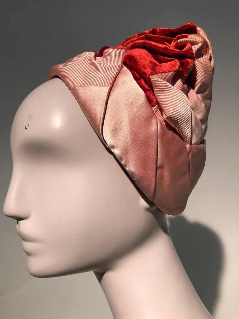 1950s Miss Dior Red Velvet Pink Satin and Faille Ruched Turban Style Hat  For Sale at 1stDibs | dior bucket hat red