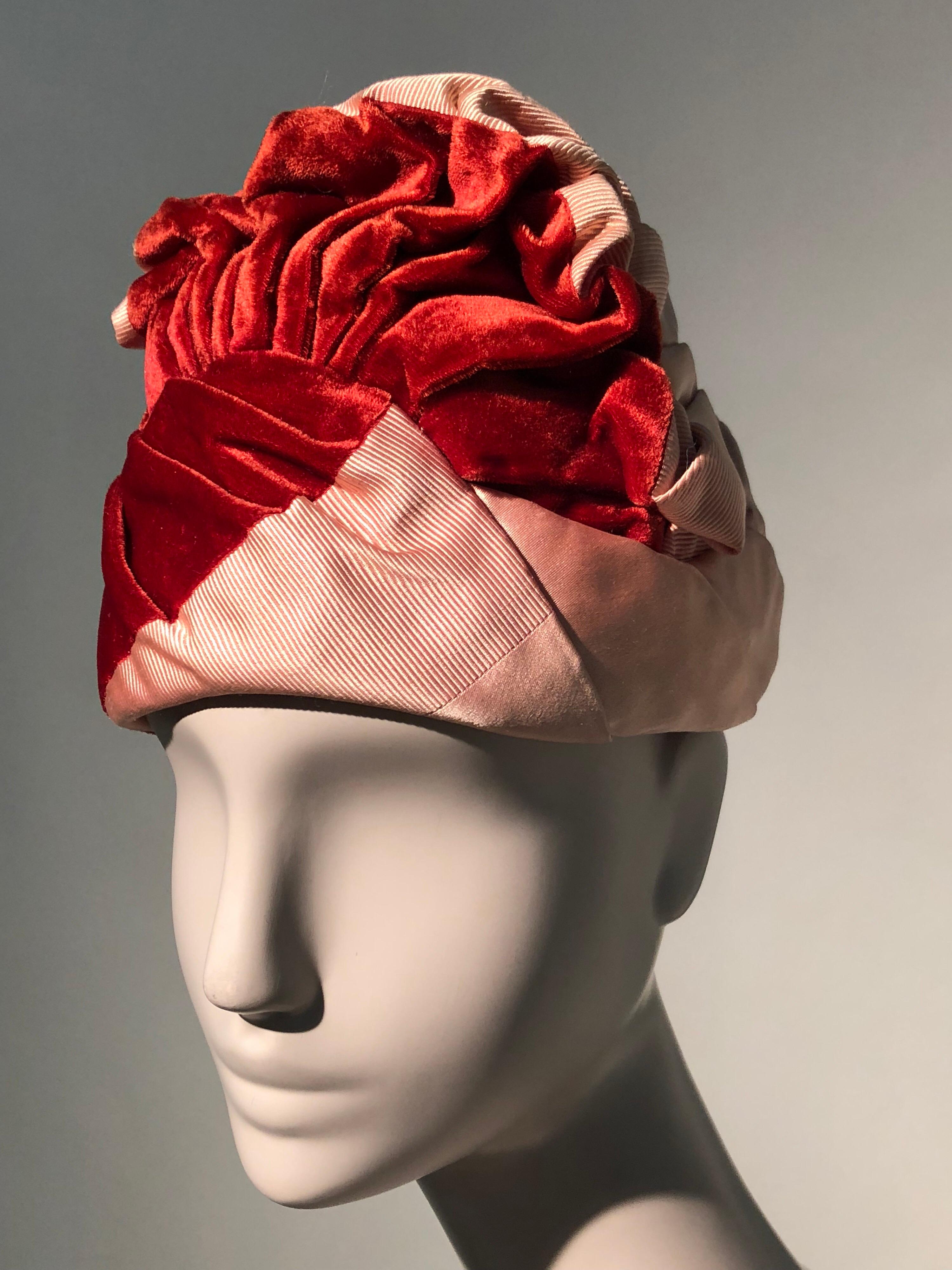 Beige 1950s Miss Dior Red Velvet Pink Satin & Faille Ruched Turban Style Hat  For Sale