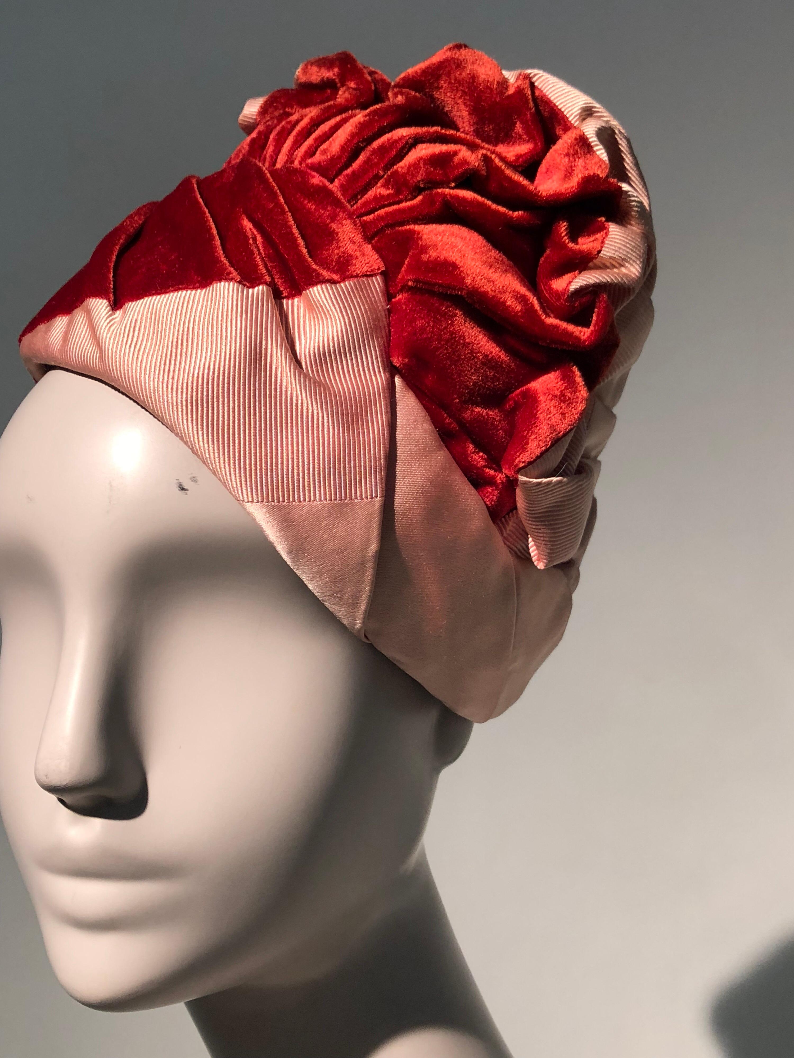 1950s Miss Dior Red Velvet Pink Satin & Faille Ruched Turban Style Hat  In Excellent Condition For Sale In Gresham, OR
