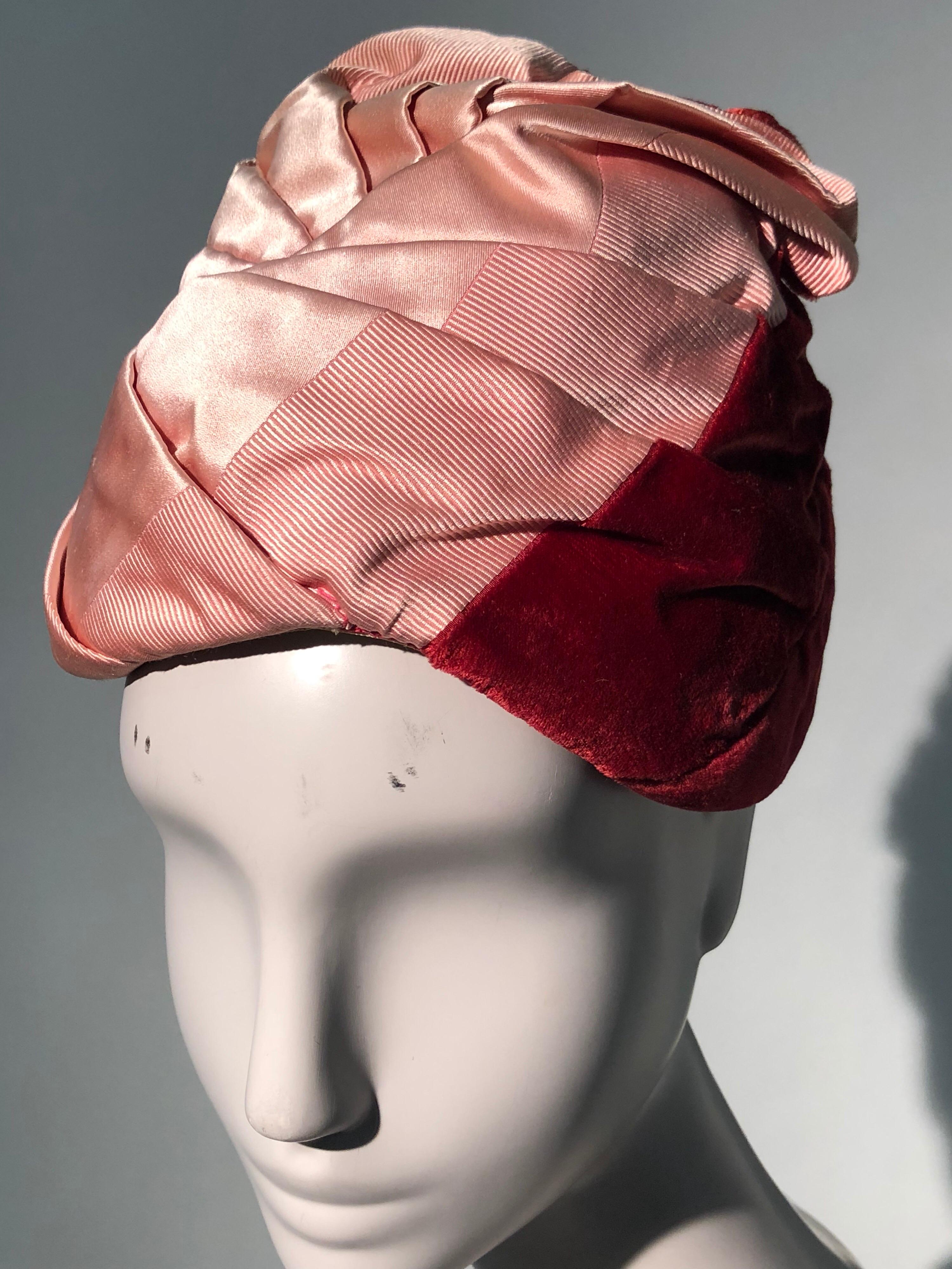 Women's 1950s Miss Dior Red Velvet Pink Satin & Faille Ruched Turban Style Hat  For Sale