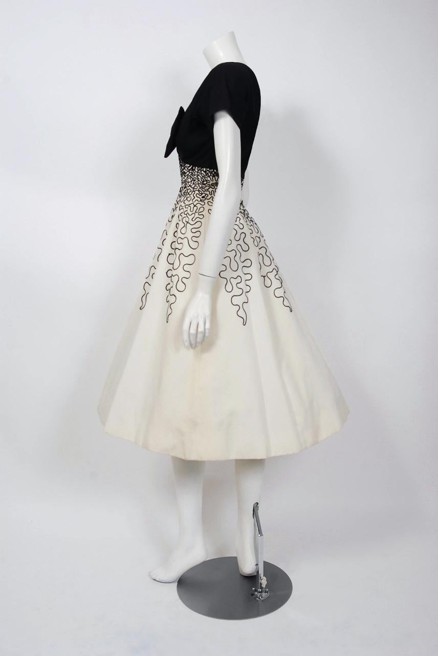 1950's Miss Elliette Embroidered Black & Beige Cotton Shelf-Bust Bow Full Dress 1