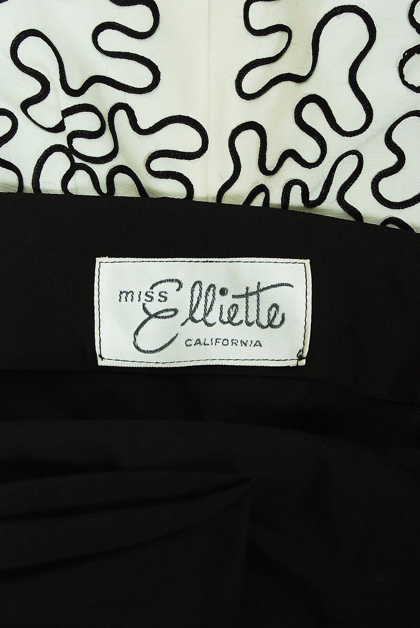 1950's Miss Elliette Embroidered Black & Beige Cotton Shelf-Bust Bow Full Dress 4