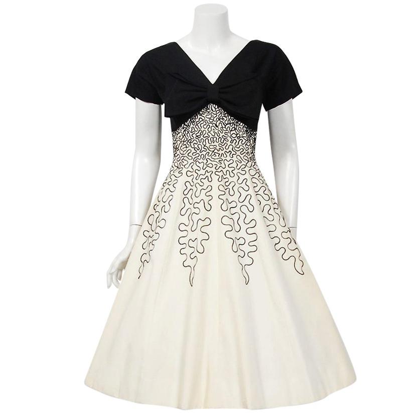 1950's Miss Elliette Embroidered Black & Beige Cotton Shelf-Bust Bow Full Dress