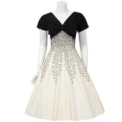 Vintage 1950's Miss Elliette Embroidered Black & Beige Cotton Shelf-Bust Bow Full Dress