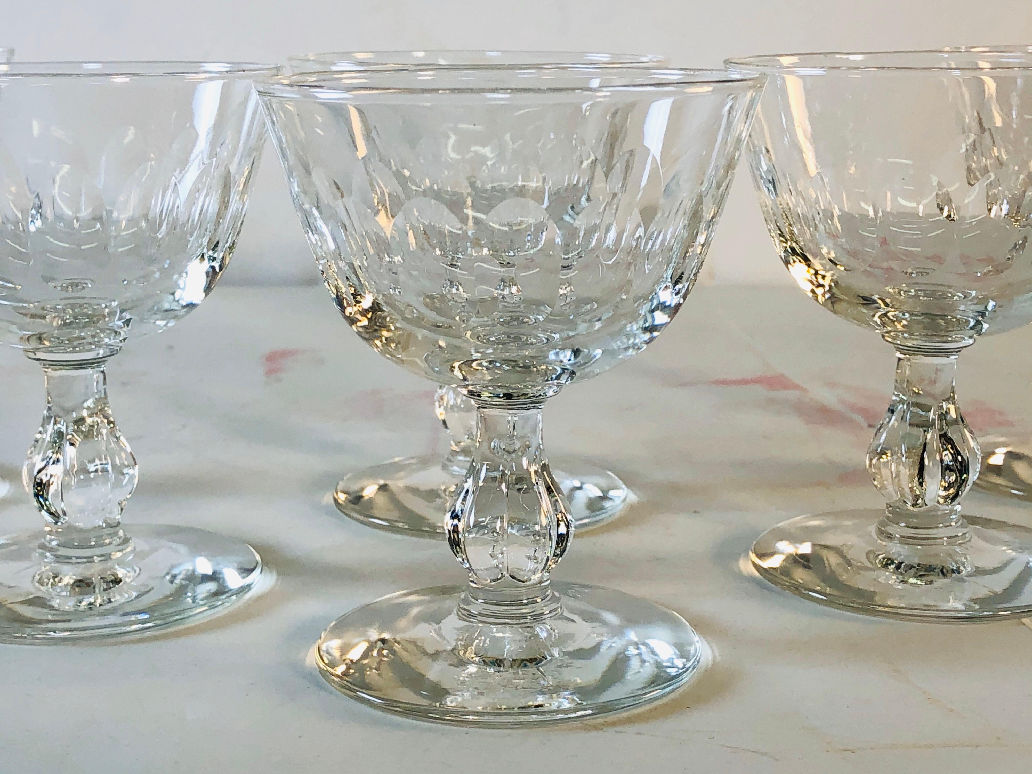 Vintage 1950s set of 6 mitred glass coupe stems. All handcut and polished. No marks. Excellent condition.