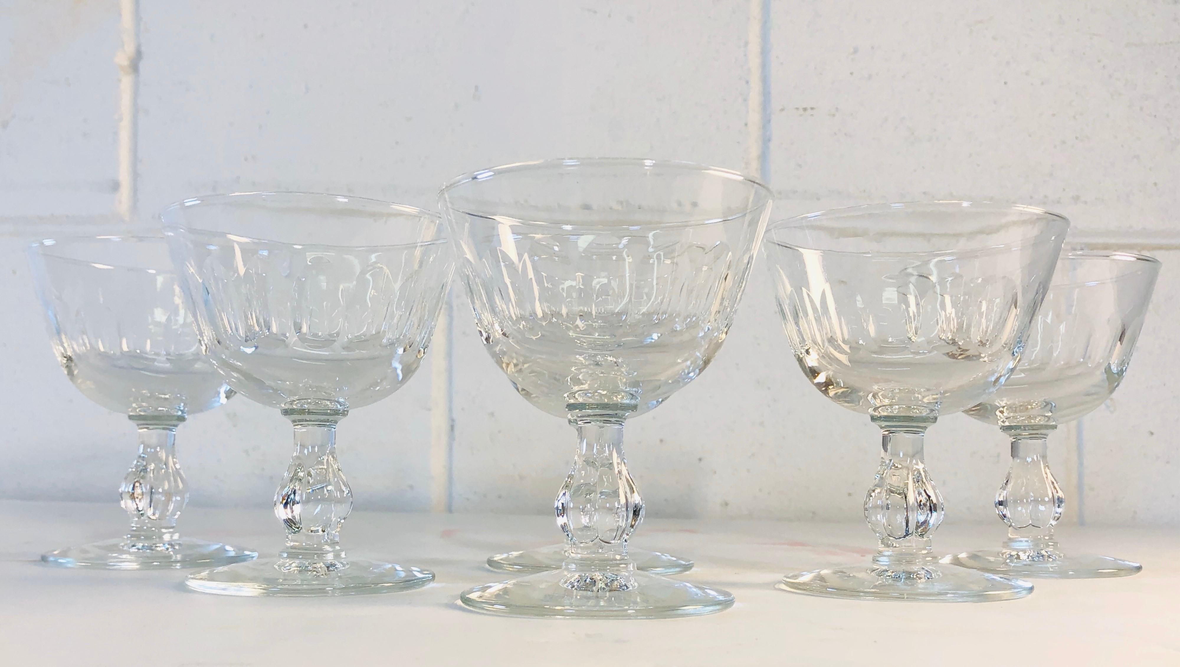 1950s Mitred Glass Coupe Stems, Set of 6 In Good Condition In Amherst, NH