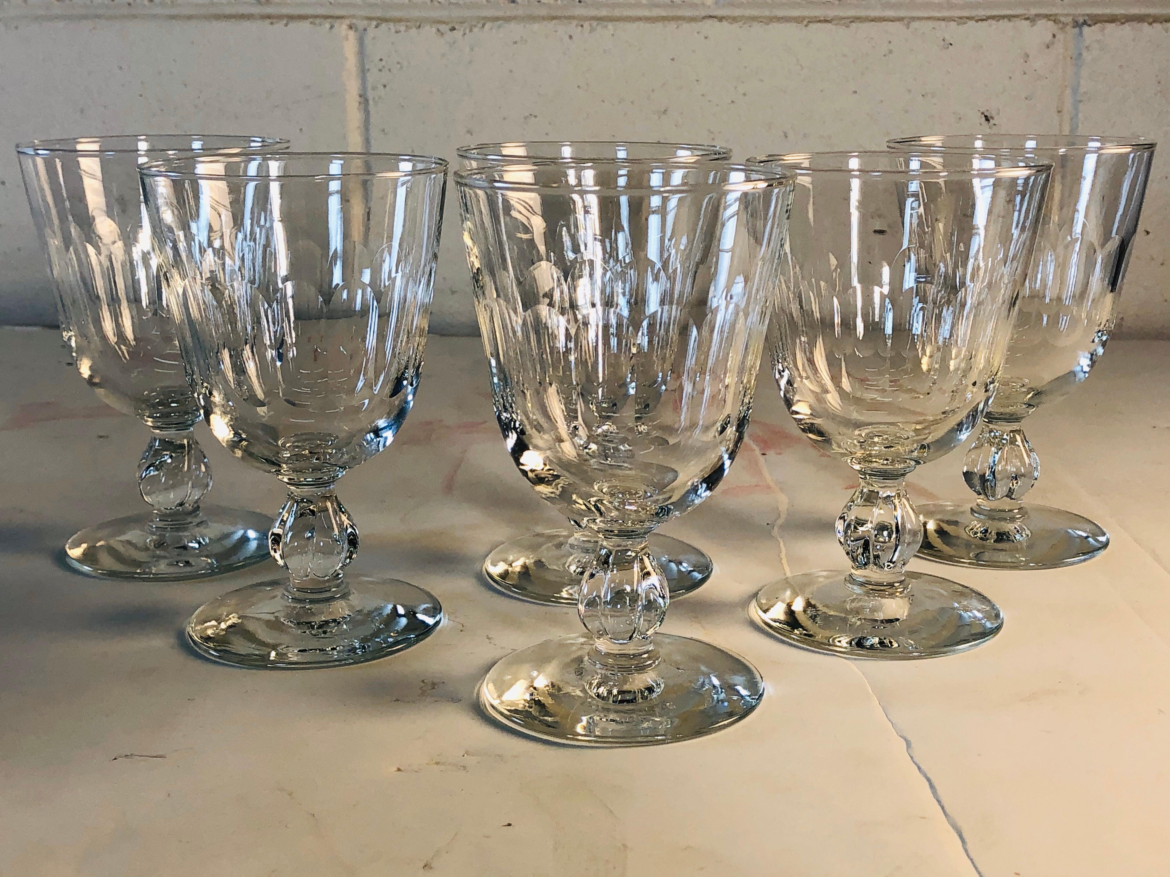 Vintage 1950s set of 6 mitred glasses wine stems. All handcut and polished. No marks. Excellent condition.
  