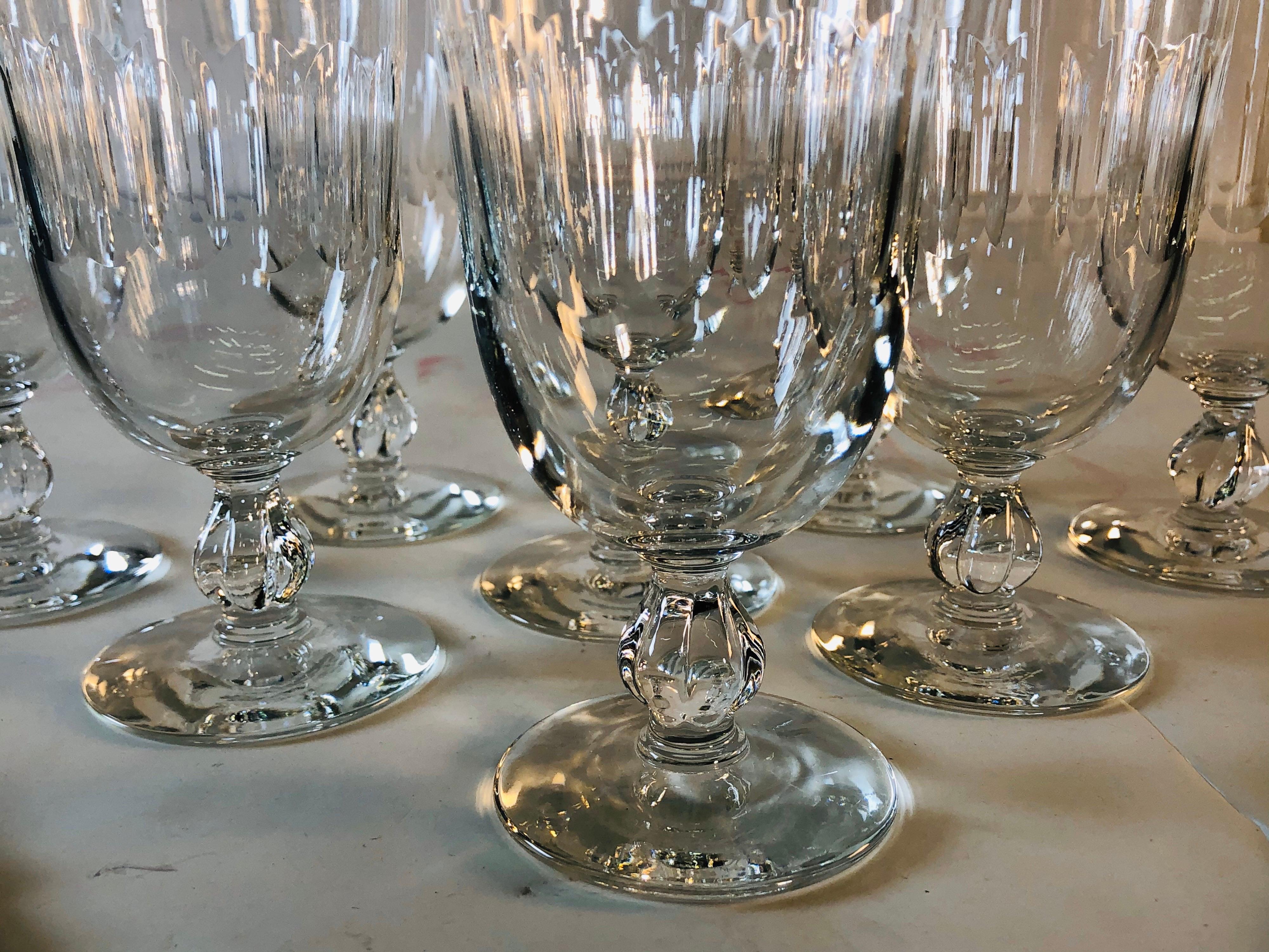 1950s Mitred Tall Glass Water Stems, Set of 8 In Good Condition In Amherst, NH