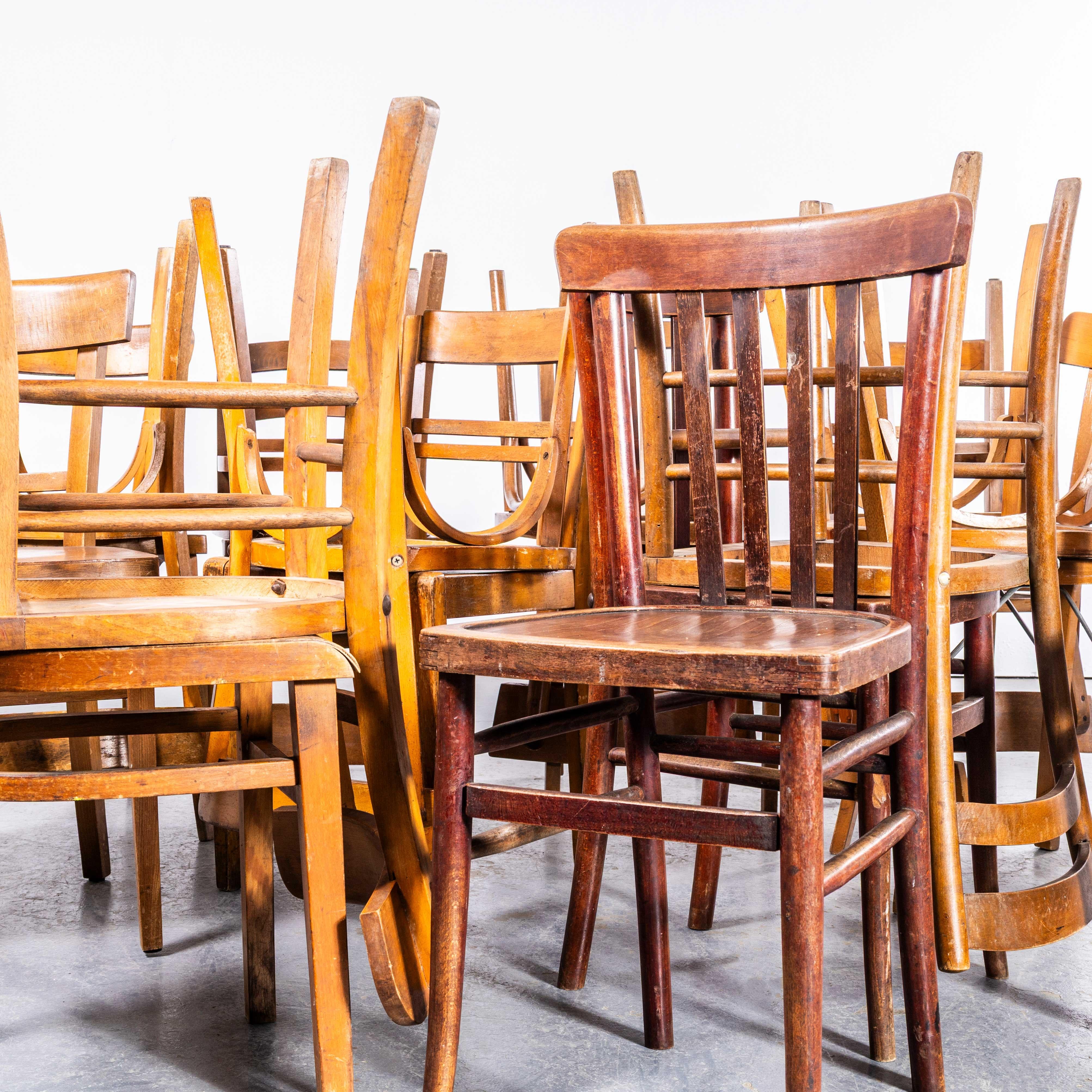 French 1950's Mixed Harlequin Pub Set Of Original Bentwood Dining Chairs - Set Of Twent