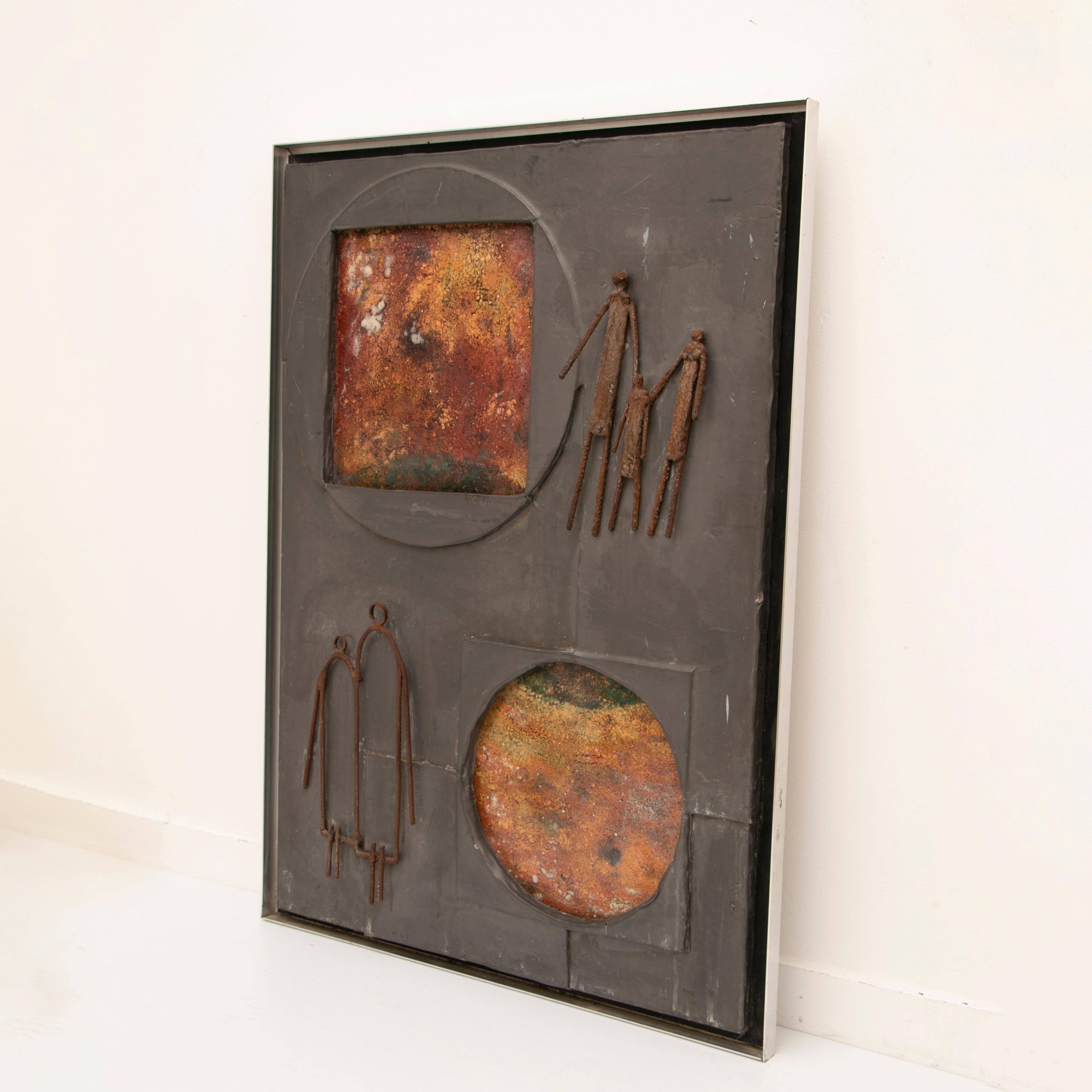 A 1950s mixed-media abstract piece of wall art made from copper, chrome and aged metal. An unusual depiction of a family with a child and in one corner and two adults in the other. A warm colored copper square and circle sit in either corner with an