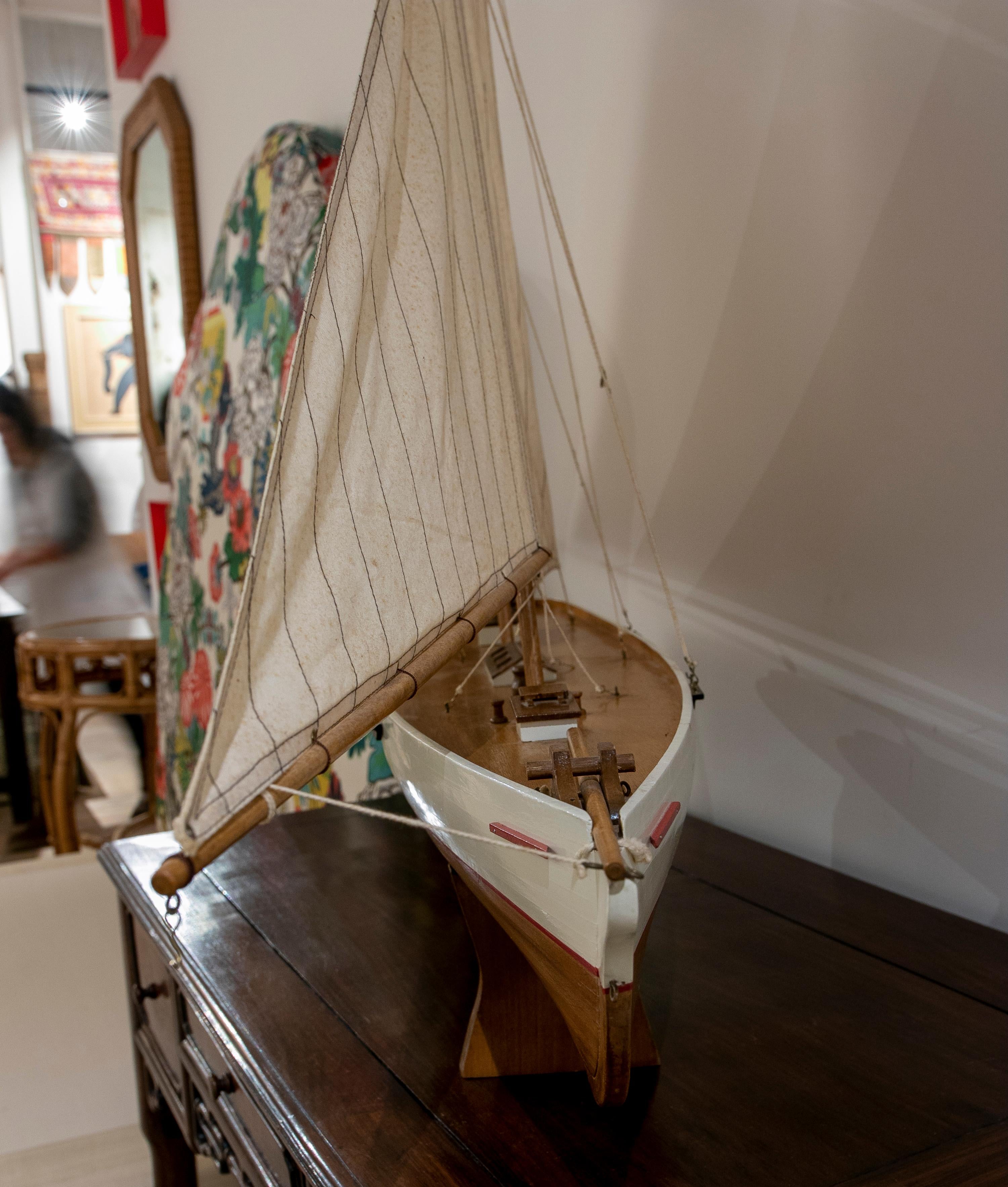 Spanish 1950s Model of a Wooden Boat with Sails