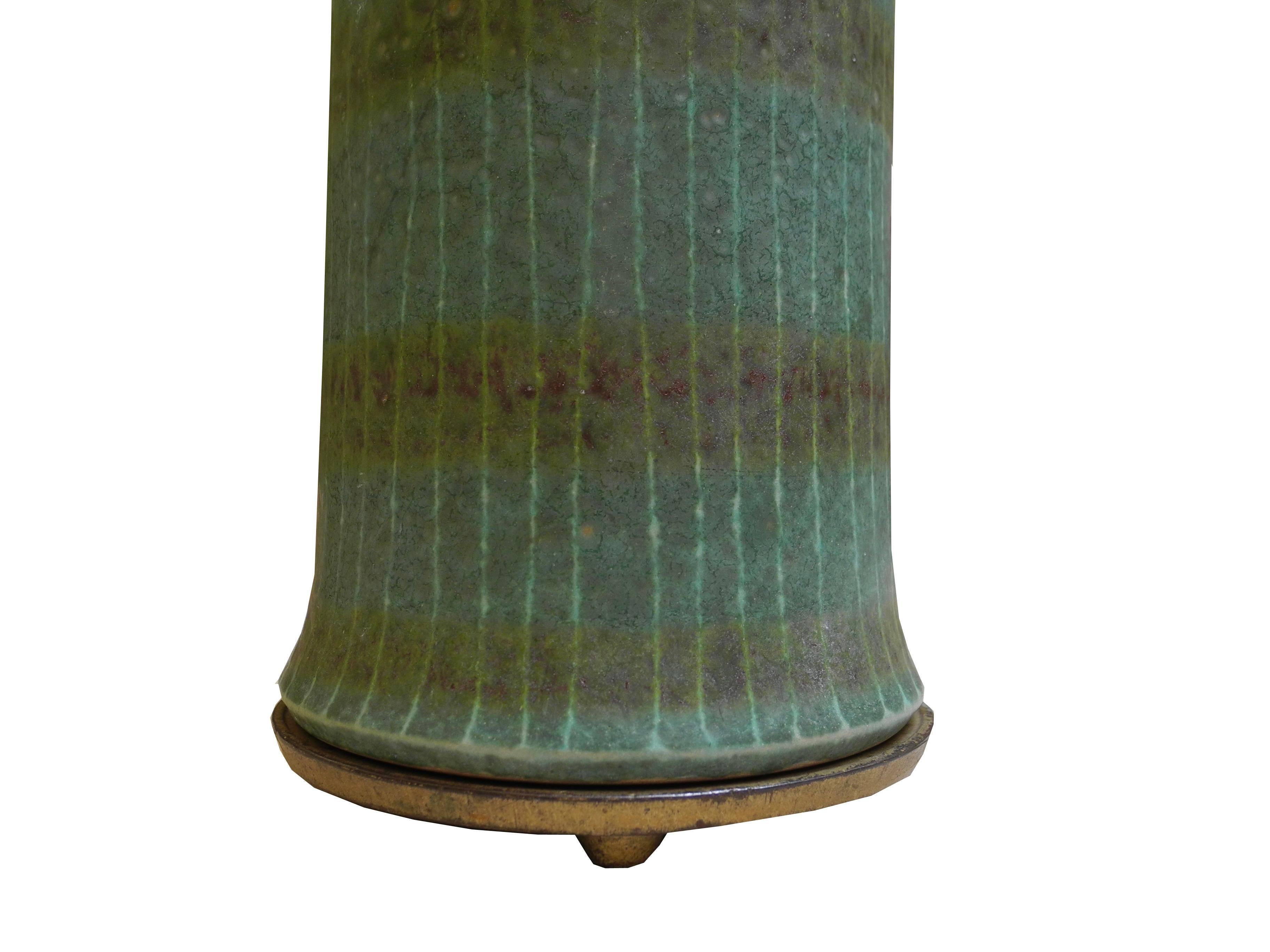 1950s Modern Asian Vessel Style Italian Ceramic Green Table Lamp For Sale 1