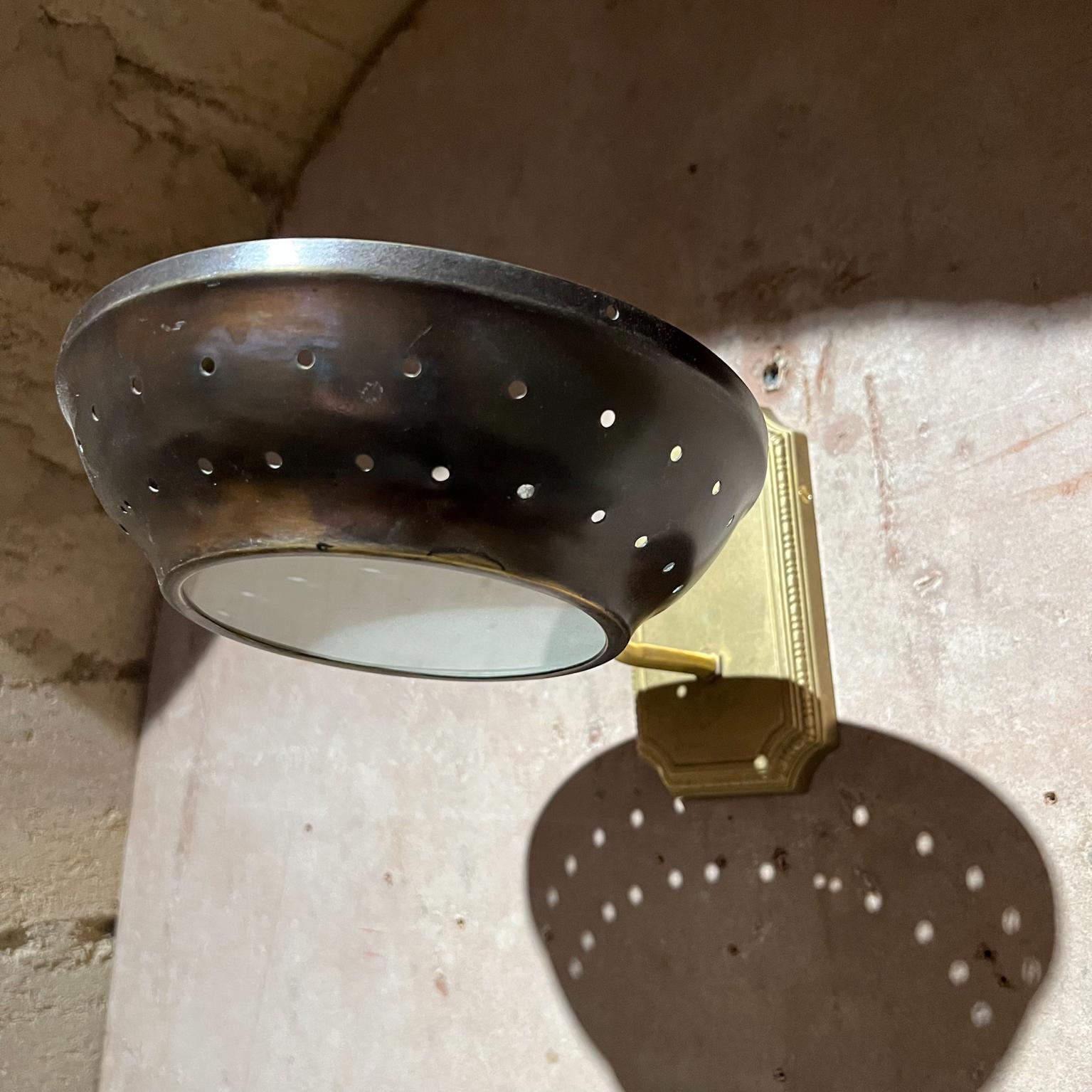 1950s Modern Atomic Three Patinated Brass Wall Sconces Perforated Round Shade For Sale 8