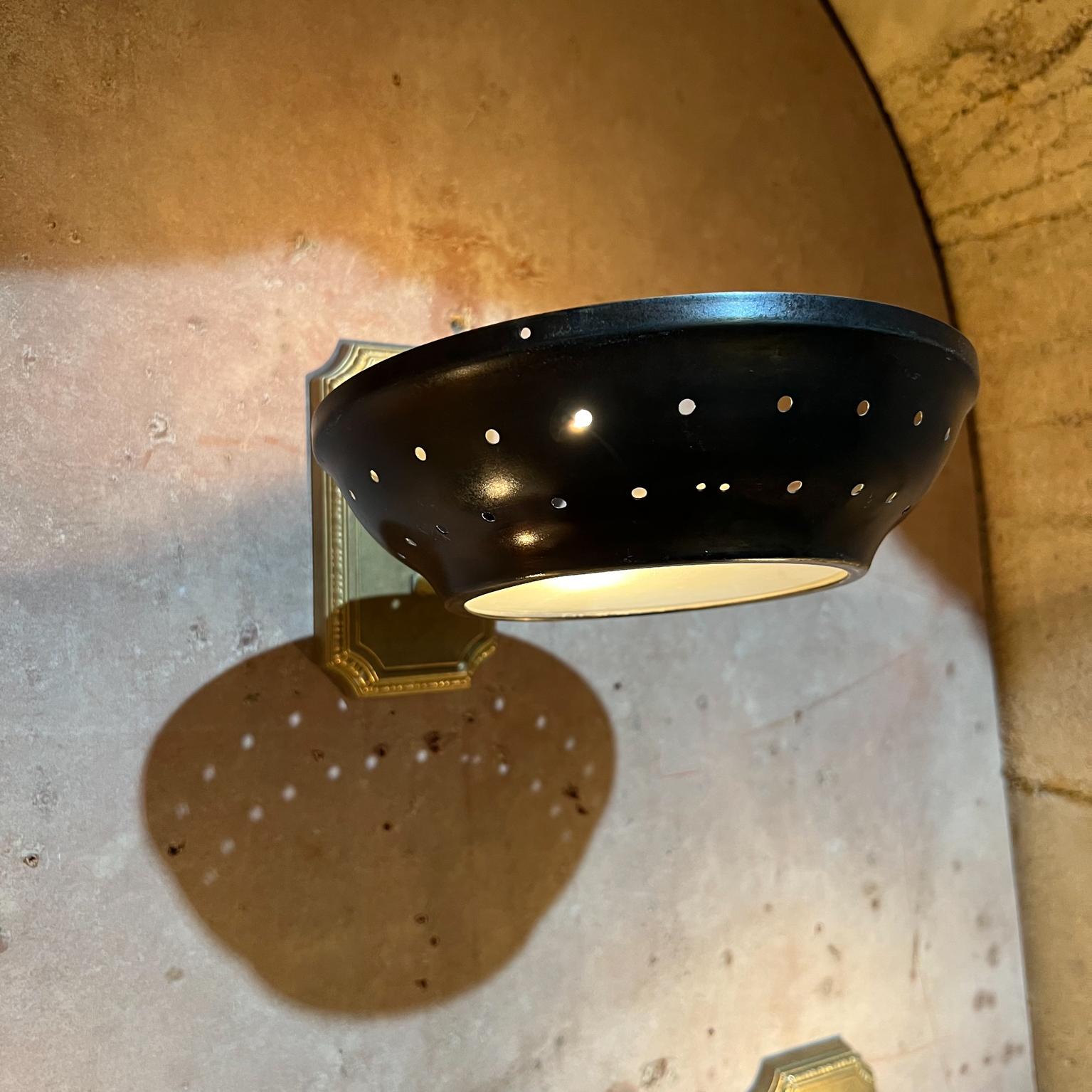 1950s Modern Atomic Three Patinated Brass Wall Sconces Perforated Round Shade In Good Condition For Sale In Chula Vista, CA