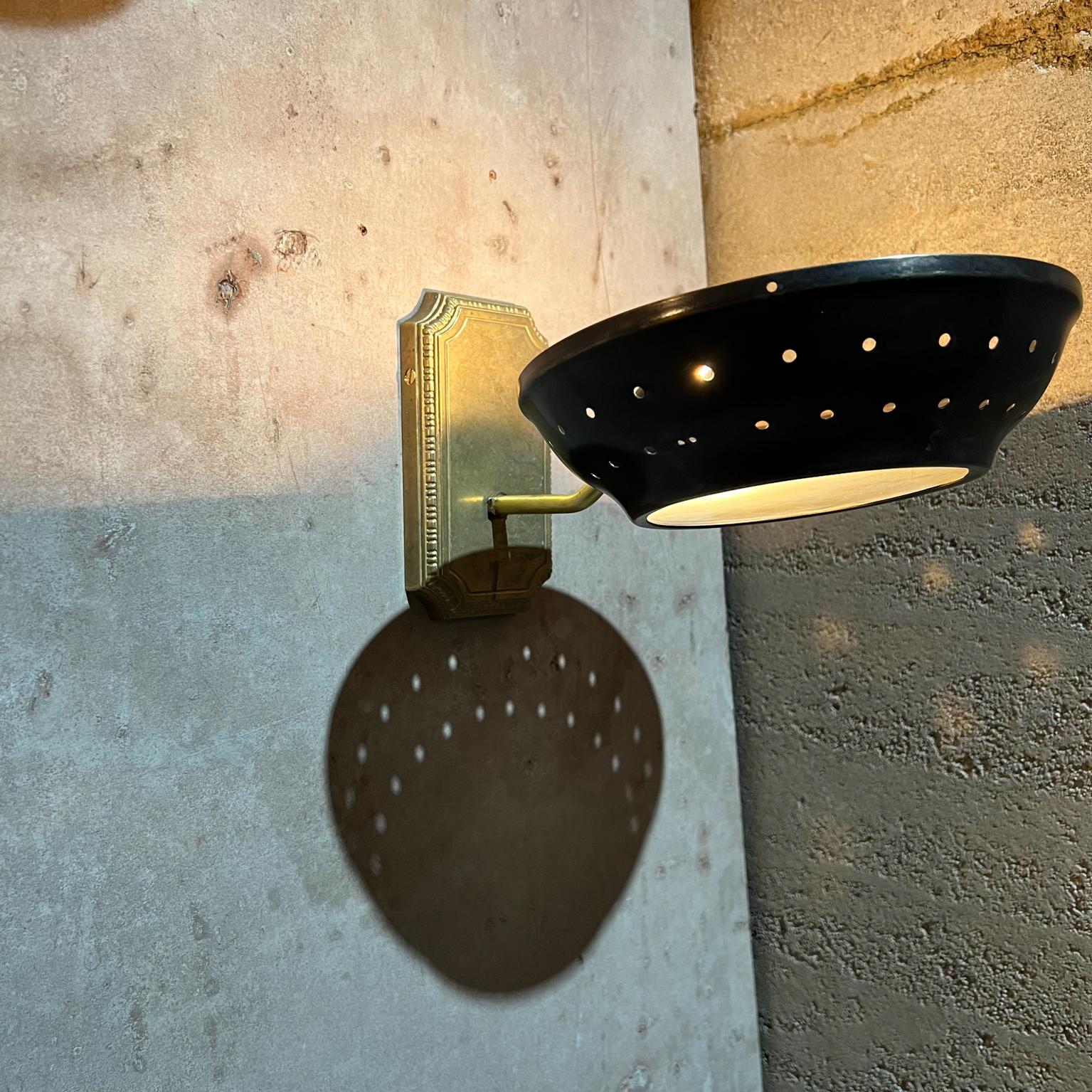 1950s Modern Atomic Three Patinated Brass Wall Sconces Perforated Round Shade For Sale 2
