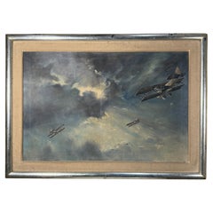 Mid Century Modern Aviation Painting Vintage Airplane Art Oil on Canvas WWII era