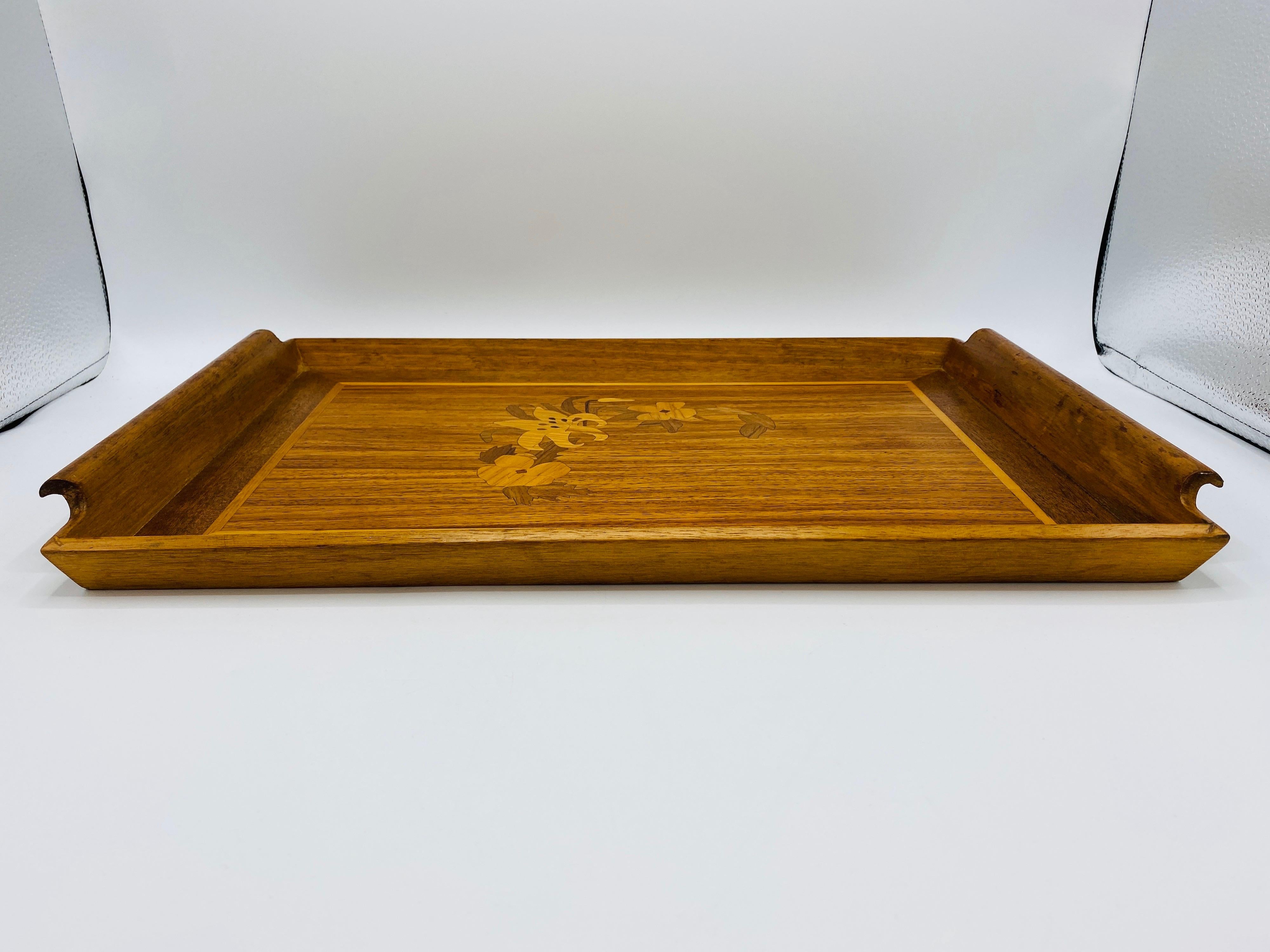 1950s Modern Chinoiserie Walnut Tray with Floral Inlay For Sale 2