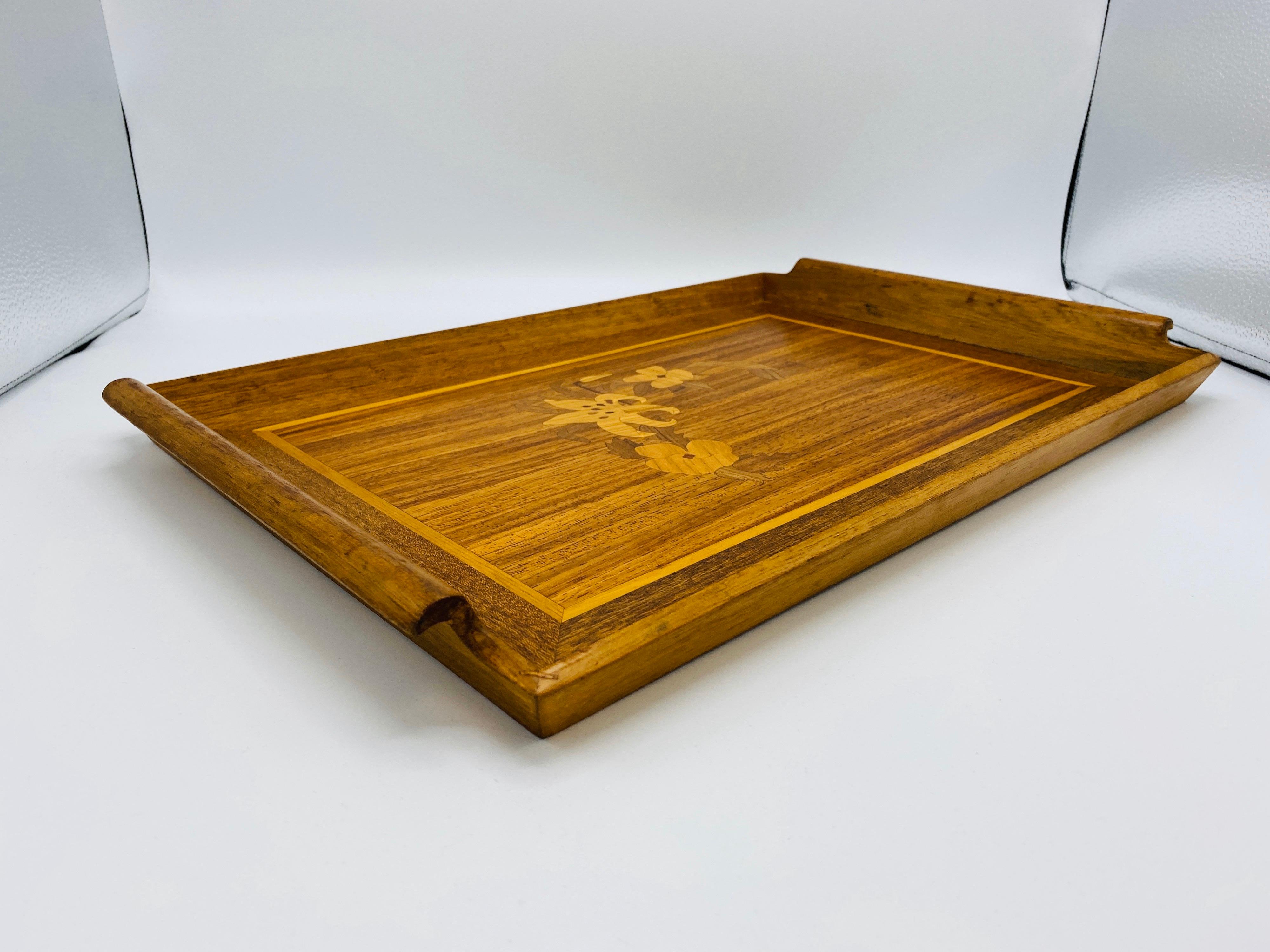 1950s Modern Chinoiserie Walnut Tray with Floral Inlay For Sale 3