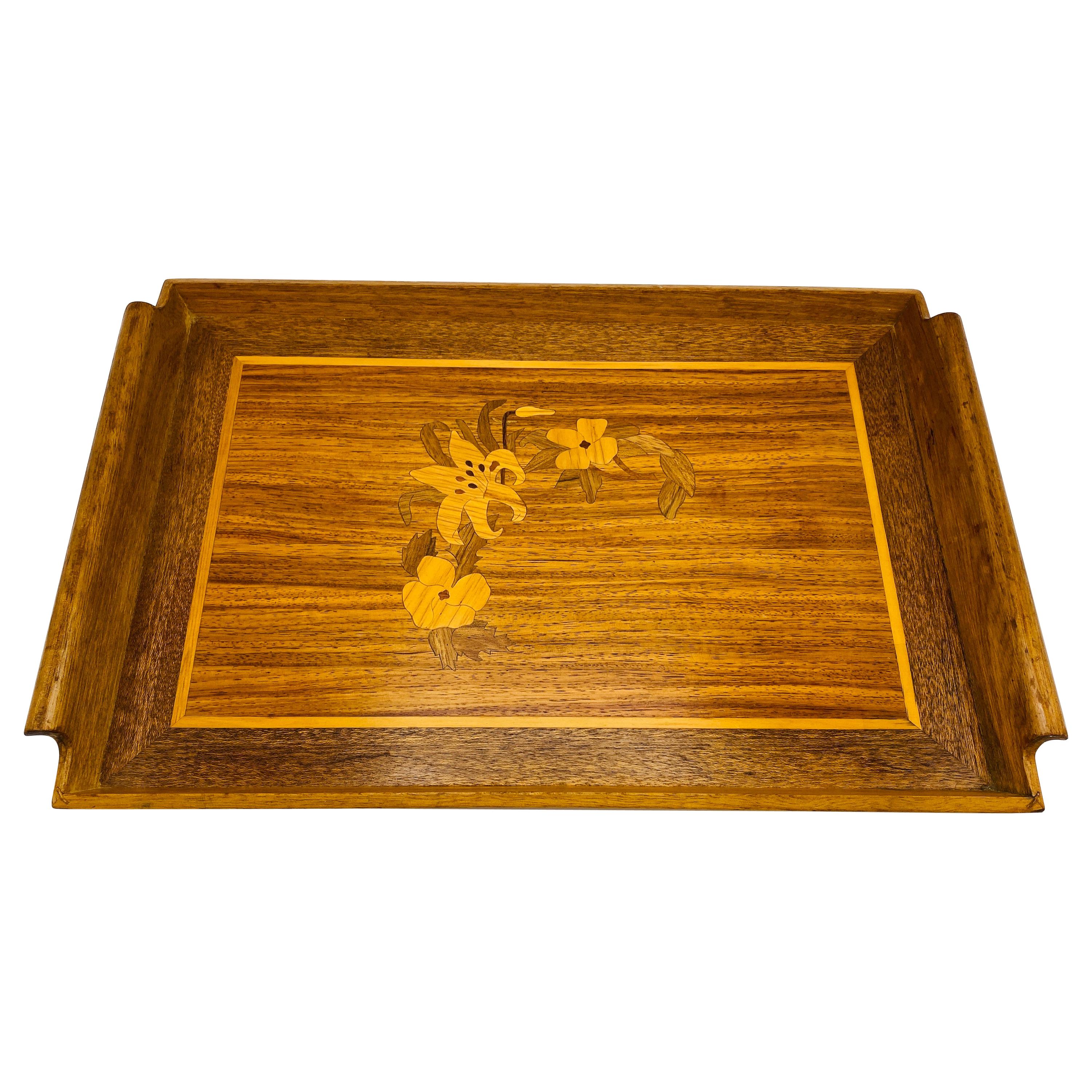 1950s Modern Chinoiserie Walnut Tray with Floral Inlay For Sale