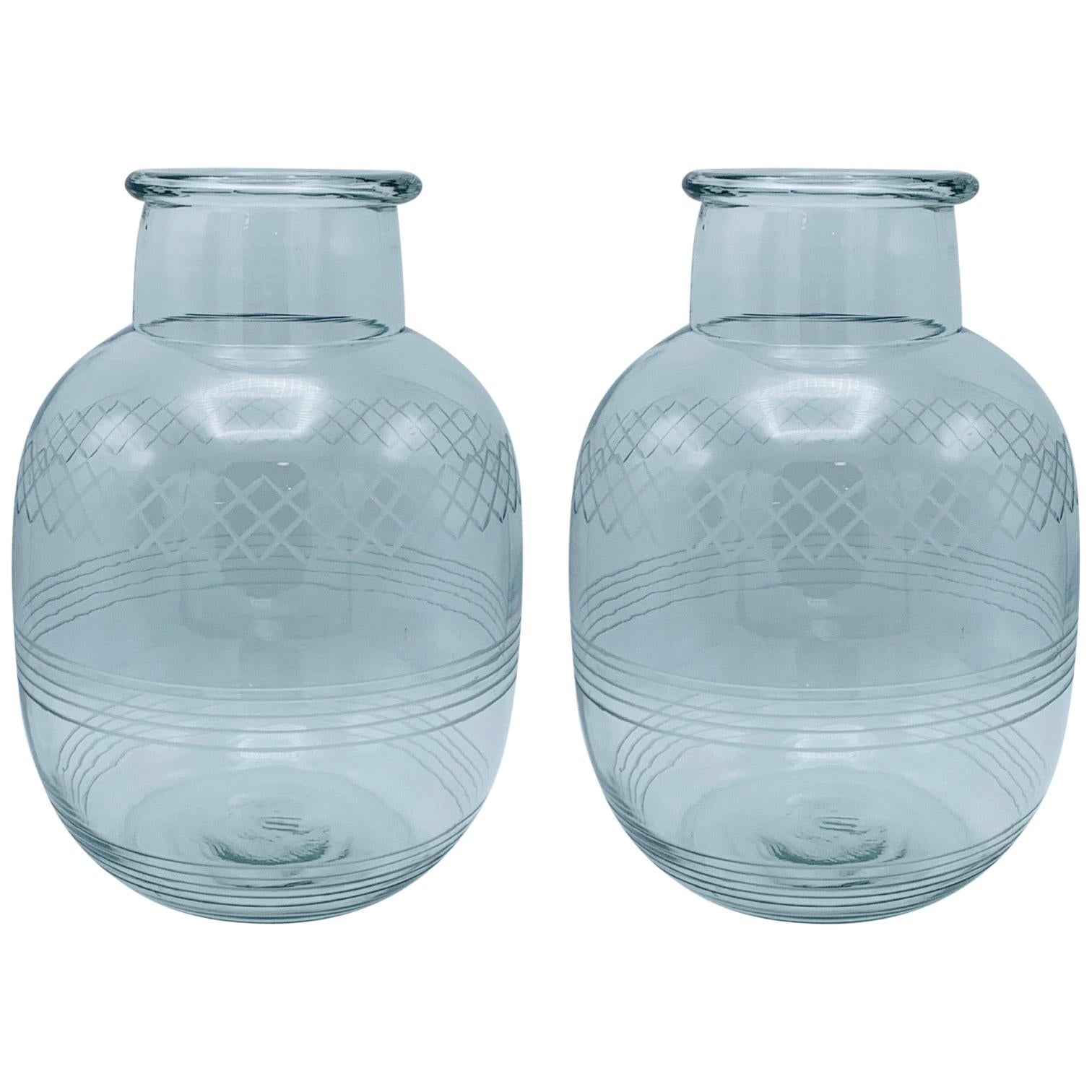 1950s Modern Etched Glass Oversized Vases, Pair For Sale