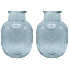 1950s Modern Etched Glass Oversized Vases, Pair