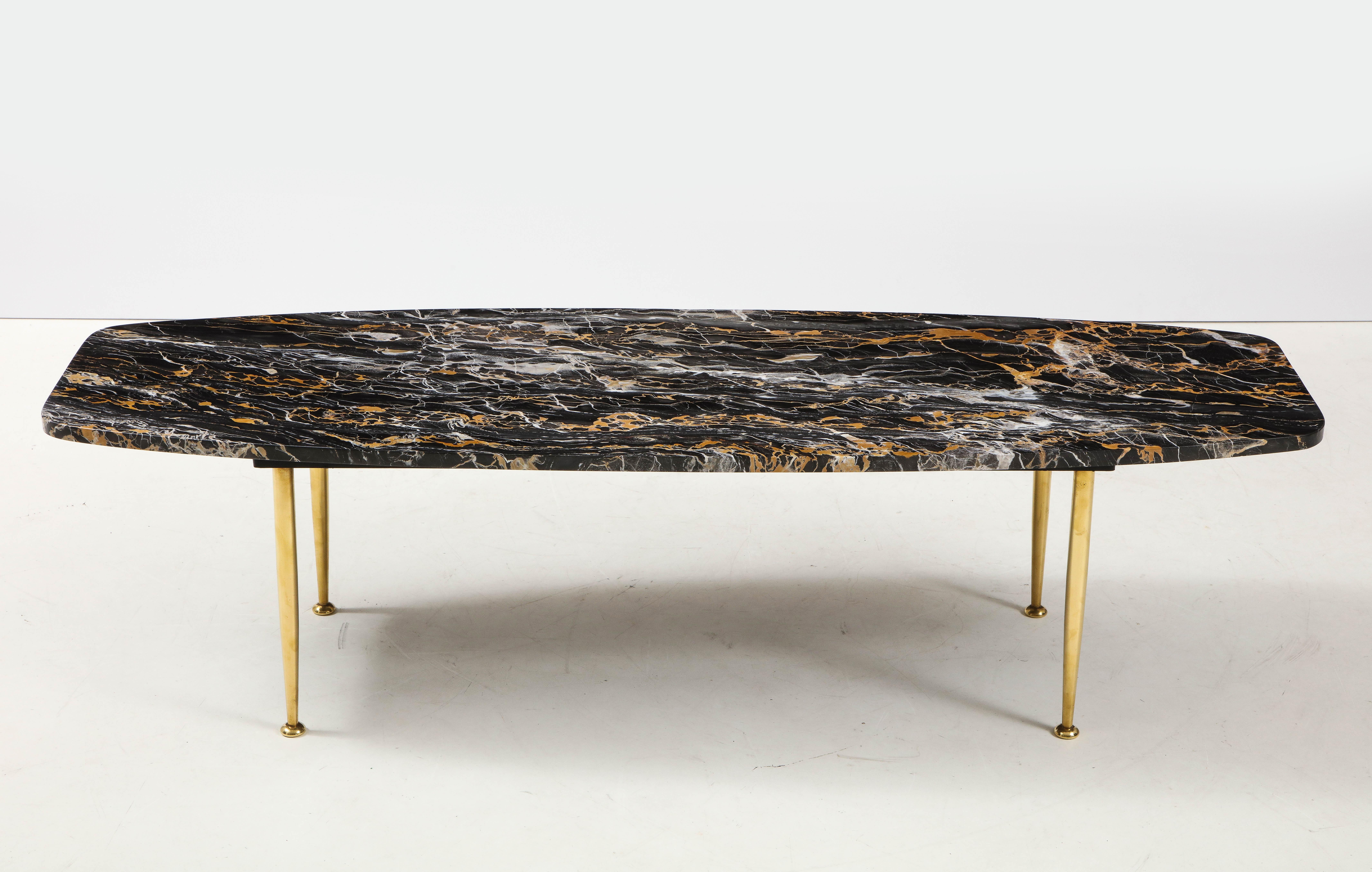 American 1950s Modern Exotic Marble-Top with Tapered Brass Legs Italian Coffee Table
