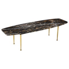 1950s Modern Exotic Marble-Top with Tapered Brass Legs Italian Coffee Table