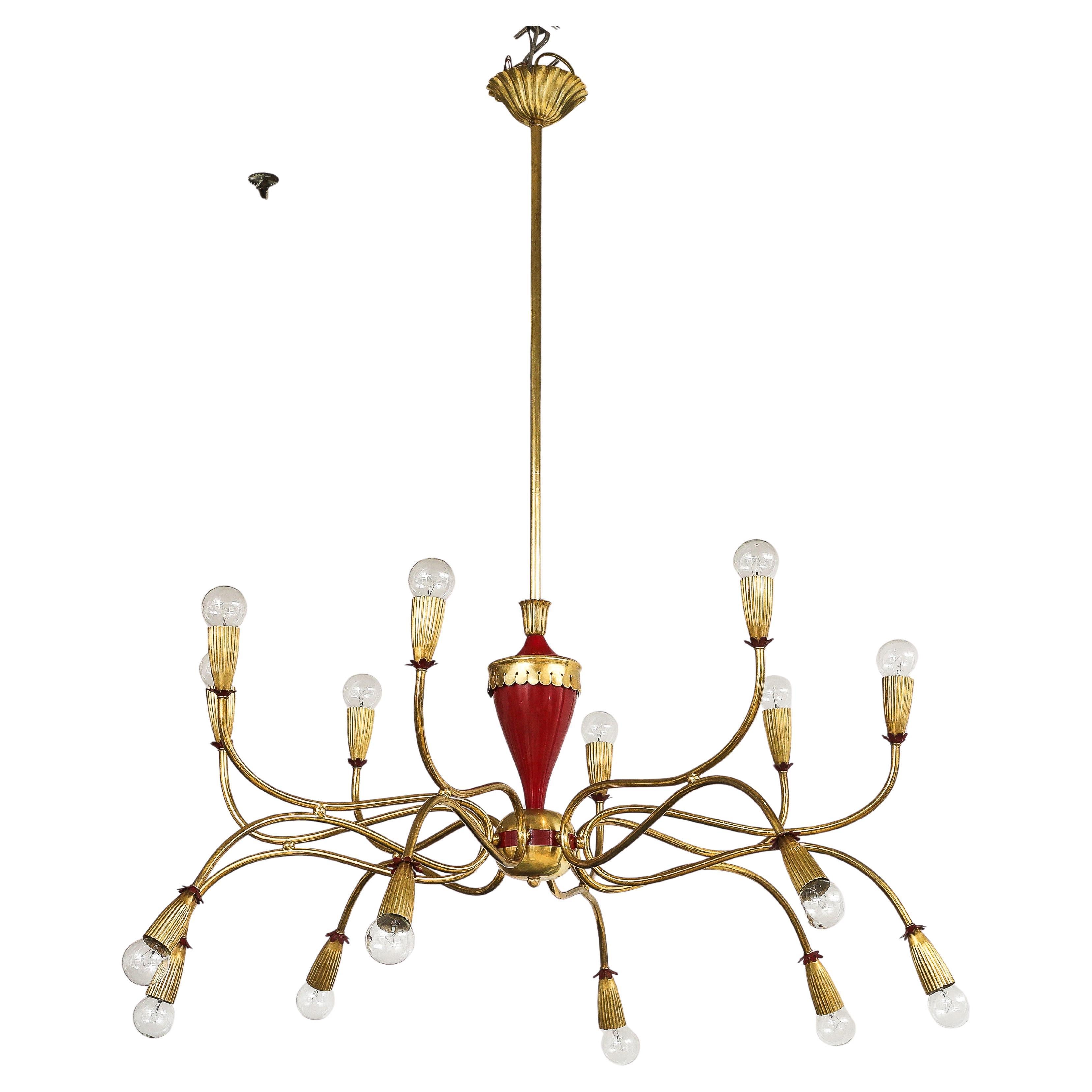 Erstaunlich 1950's große massive Messing und Emaille 18 Licht italienischen Kronleuchter von Lumi,  leicht restauriert und neu verkabelt mit einigen alters- und gebrauchsbedingten Abnutzungserscheinungen und Patina.