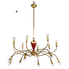1950's Modern Large 18 Arm Brass Italian Chandelier By Lumi
