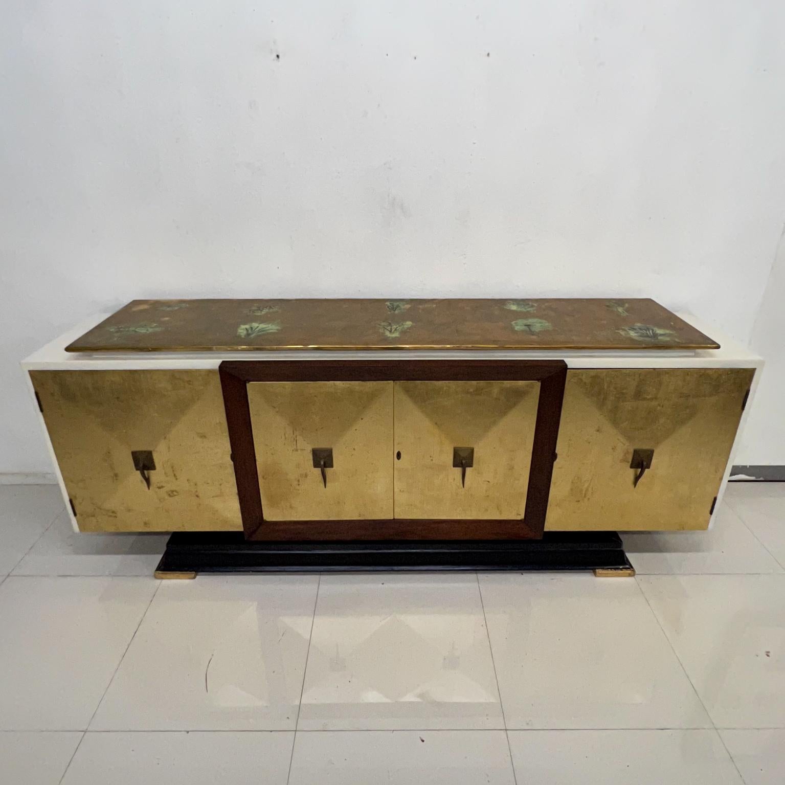 Mid-Century Modern 1950s Modern Neoclassical Gold Leaf Credenza Mahogany Wood and Brass Mexico