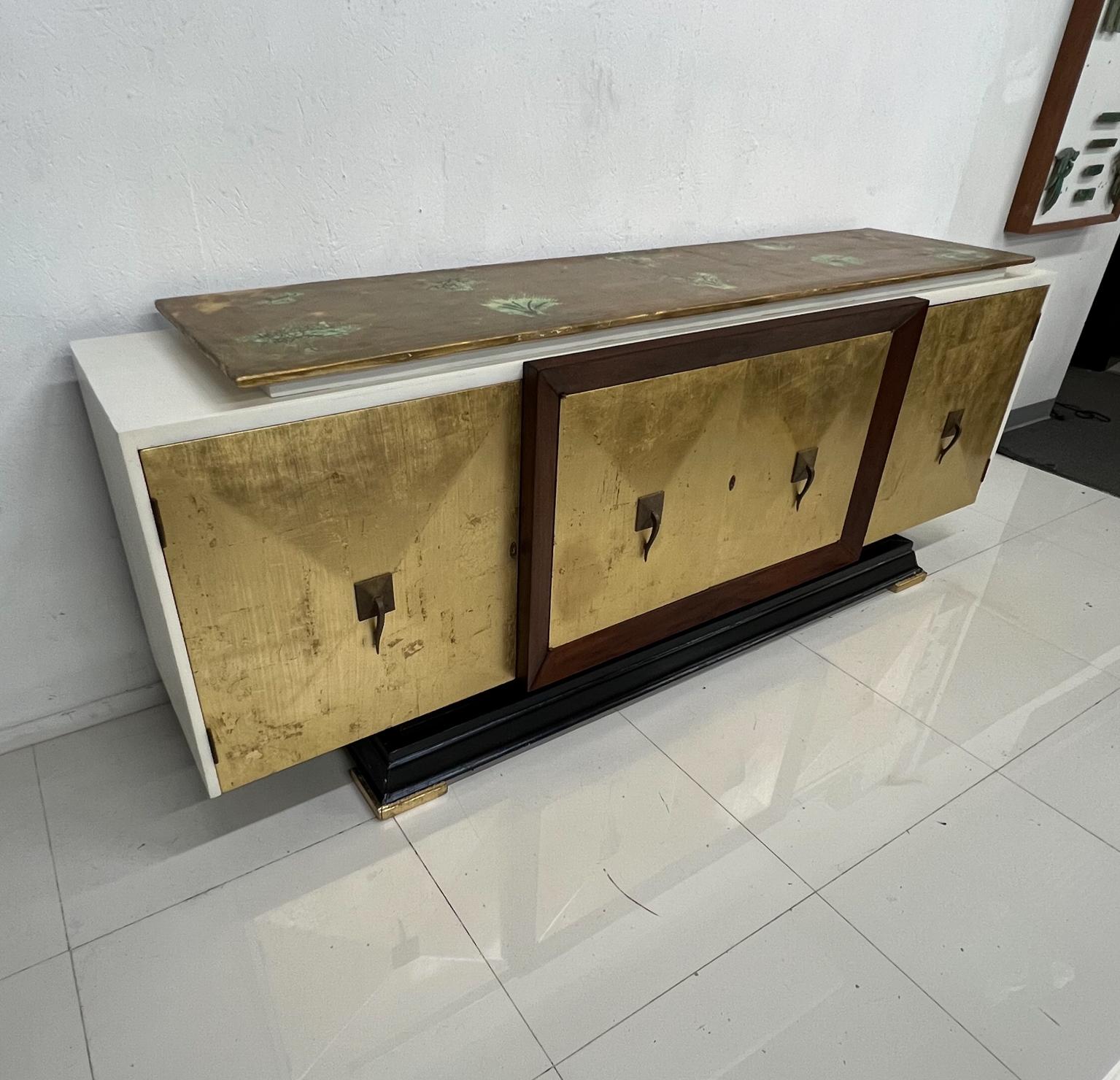 Mexican 1950s Modern Neoclassical Gold Leaf Credenza Mahogany Wood and Brass Mexico