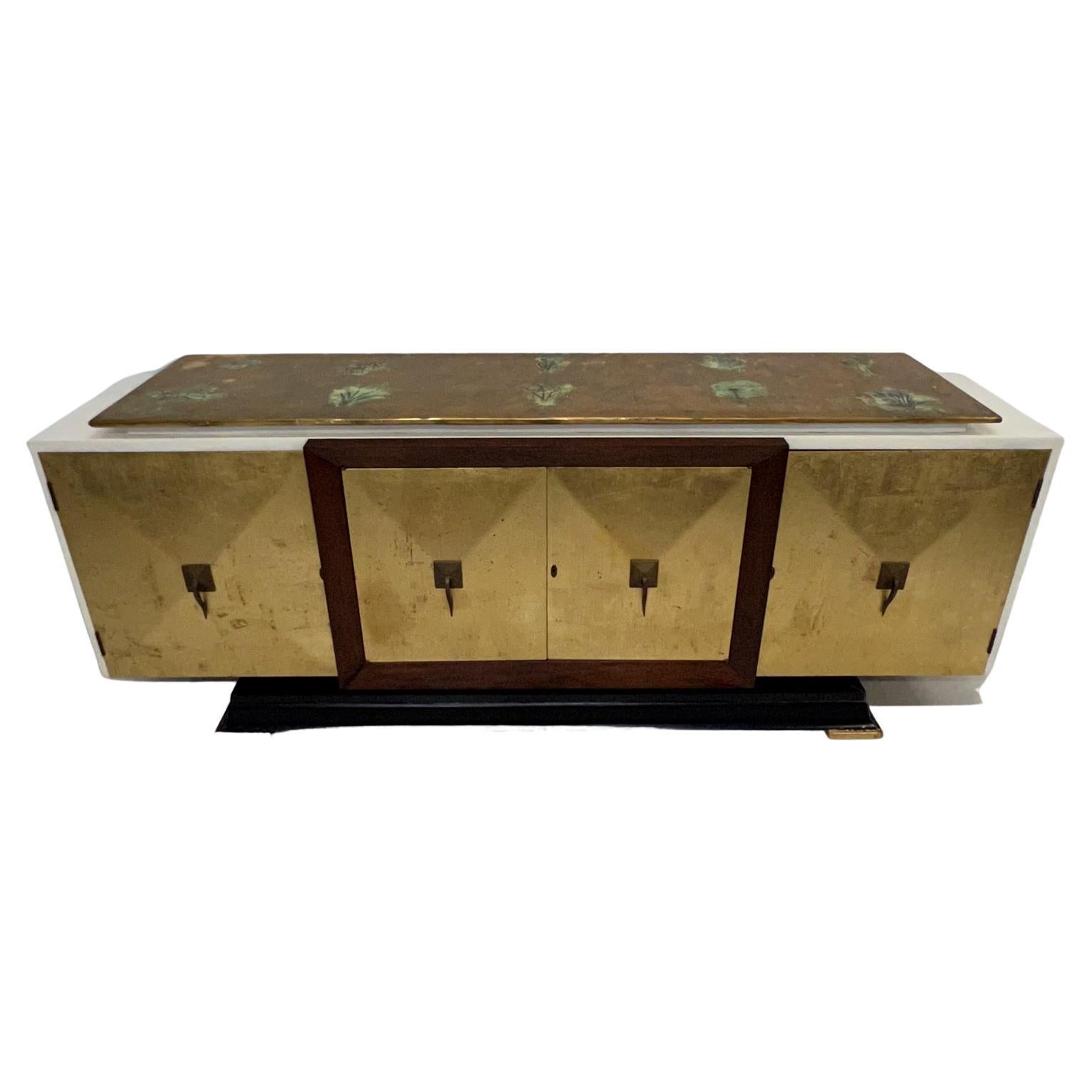 1950s Modern Neoclassical Gold Leaf Credenza Mahogany Wood and Brass Mexico
