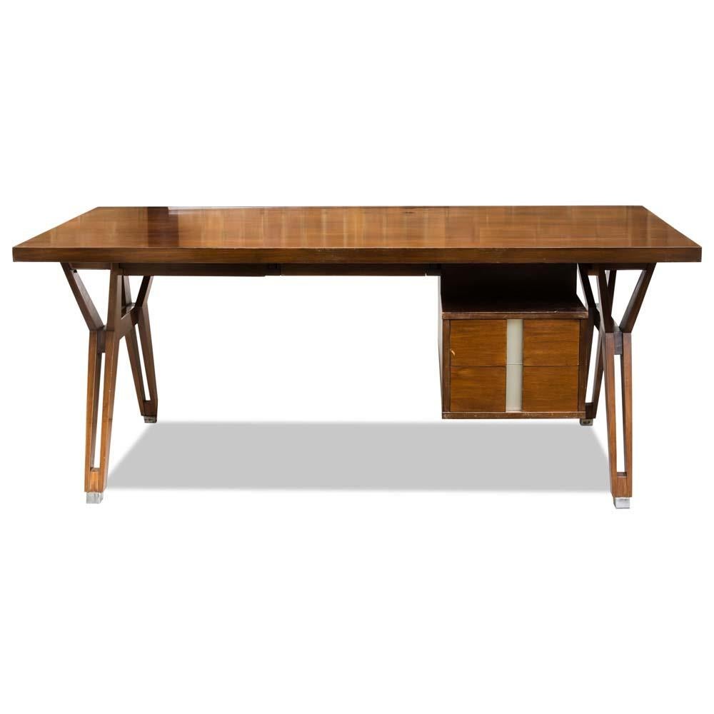 Italian 1950s Modern Presidential Desk Dark Polished Wood Design by Ico Parisi for Mim