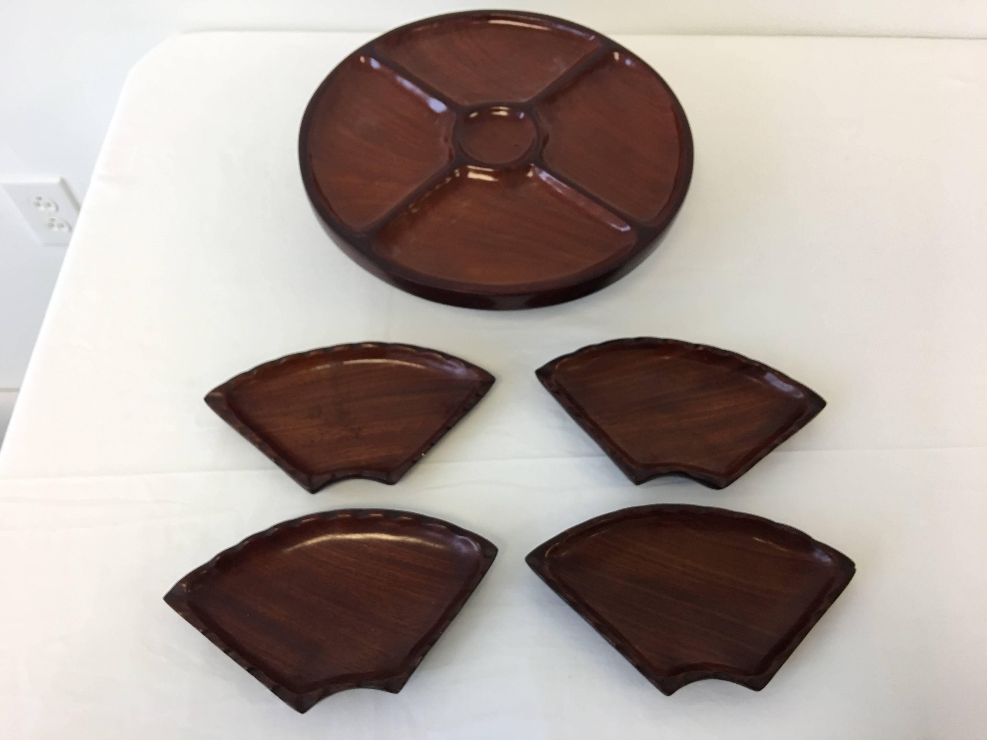 1950s Modern Rosewood Five-Piece Pedestal Serving Tray In Good Condition For Sale In Richmond, VA
