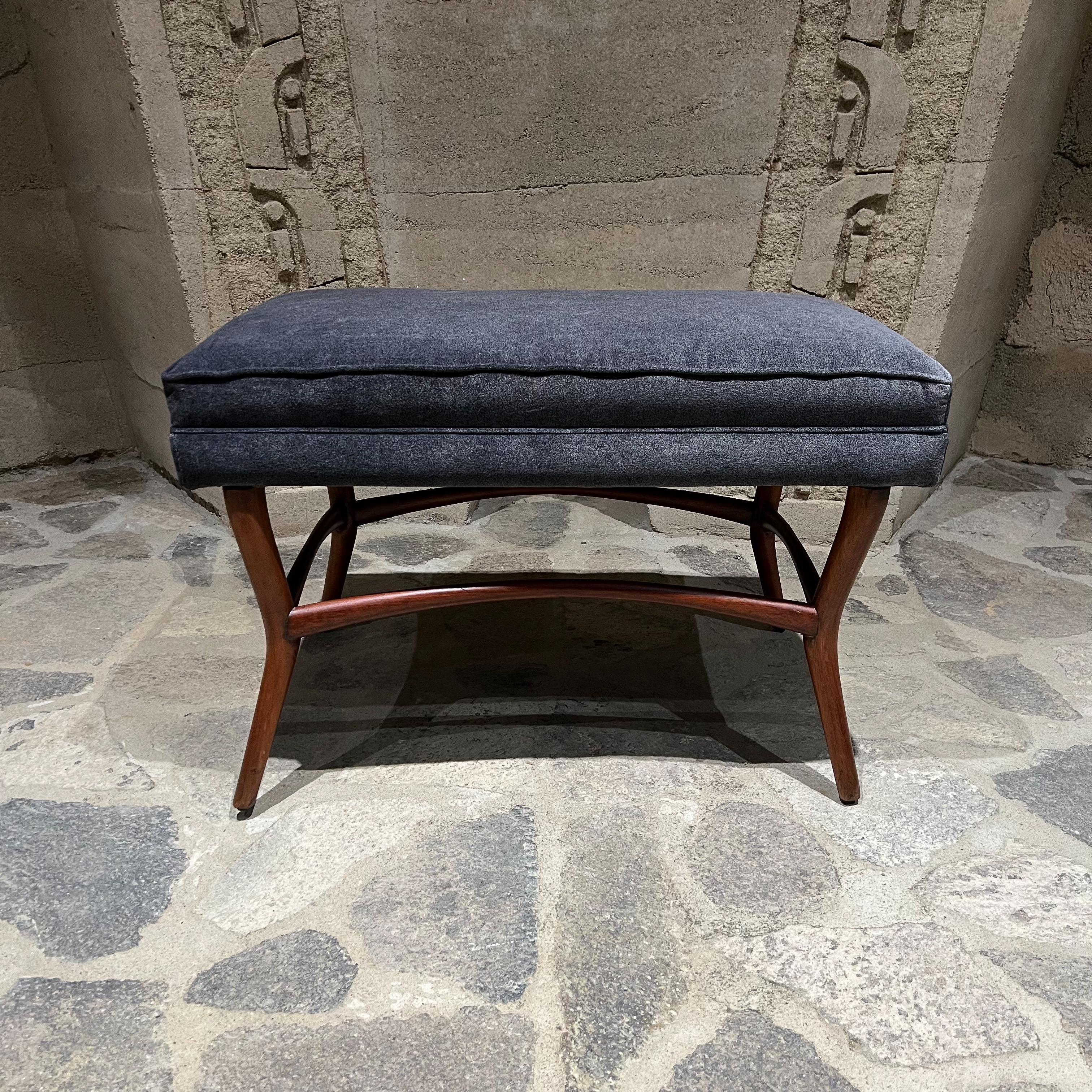 Mexican 1950s Modernist Bench in Mahogany New Cushioned Gray Seat from Mexico For Sale