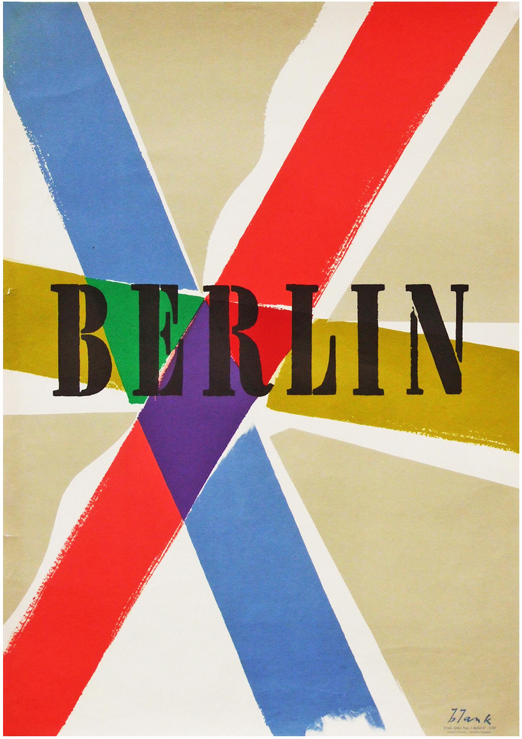 Original 1953 travel poster designed by Richard Blank for the Berlin tourist board, Germany.

First edition color offset lithograph printed by Feyl.

Rolled.

Measures: L 84 cm x W 59.5 cm.