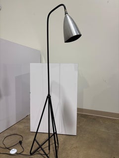 1950s Modernist Black Iron Tripod Floor Lamp with Aluminum Cone Shade