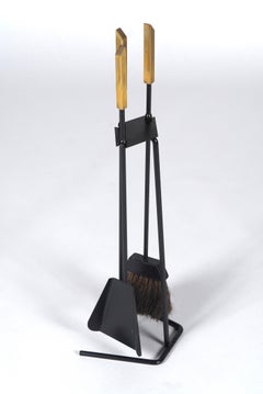 1950s Modernist Brass and Wrought Iron Fireplace Tools / Fire Tools