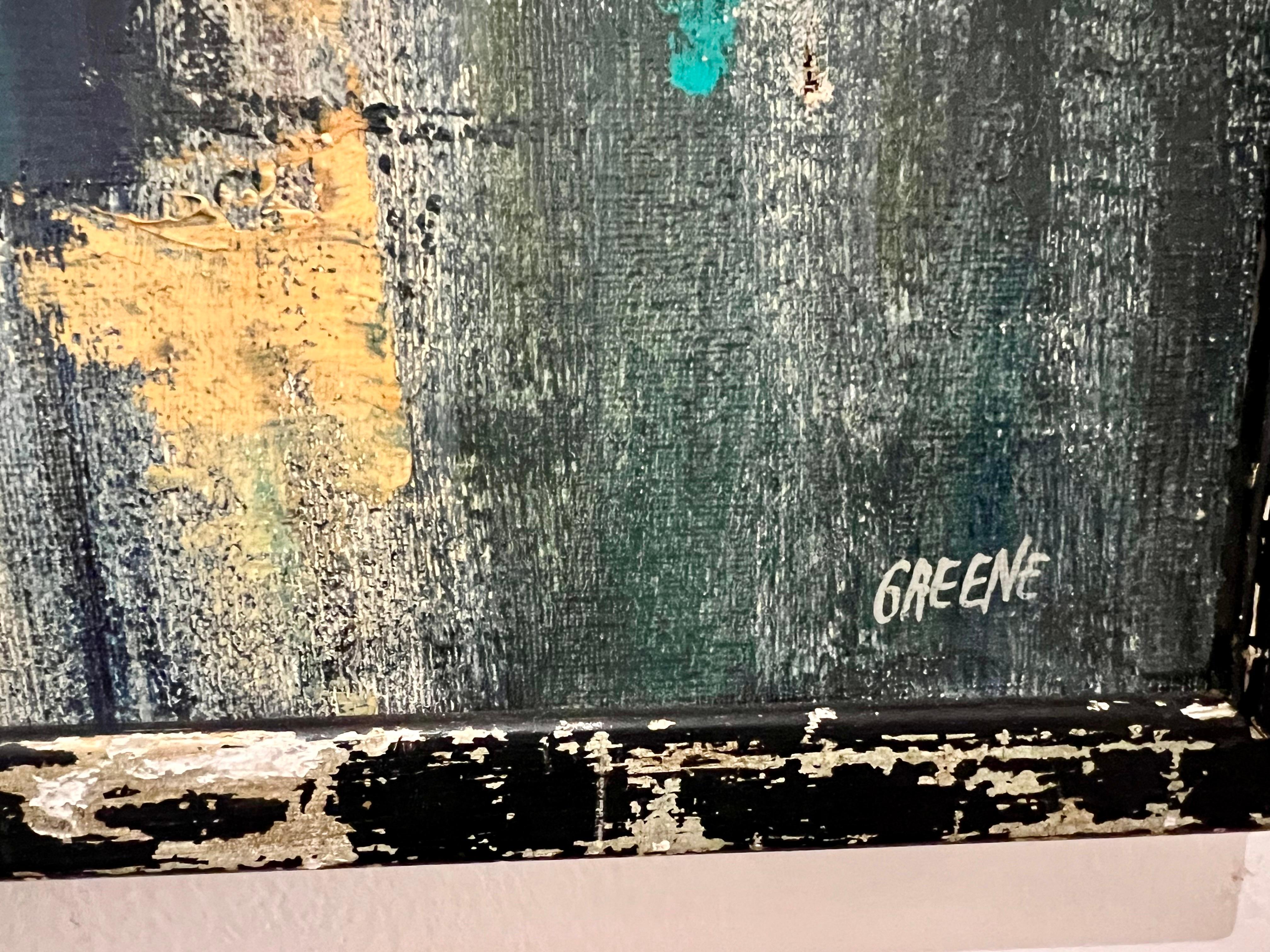 20ième siècle Huile sur toile encadrée de Greene & Greene, paysage urbain moderniste des années 1950 en vente