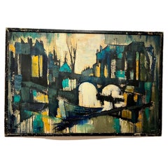 1950's Modernist Cityscape Framed Oil on Canvas by Greene