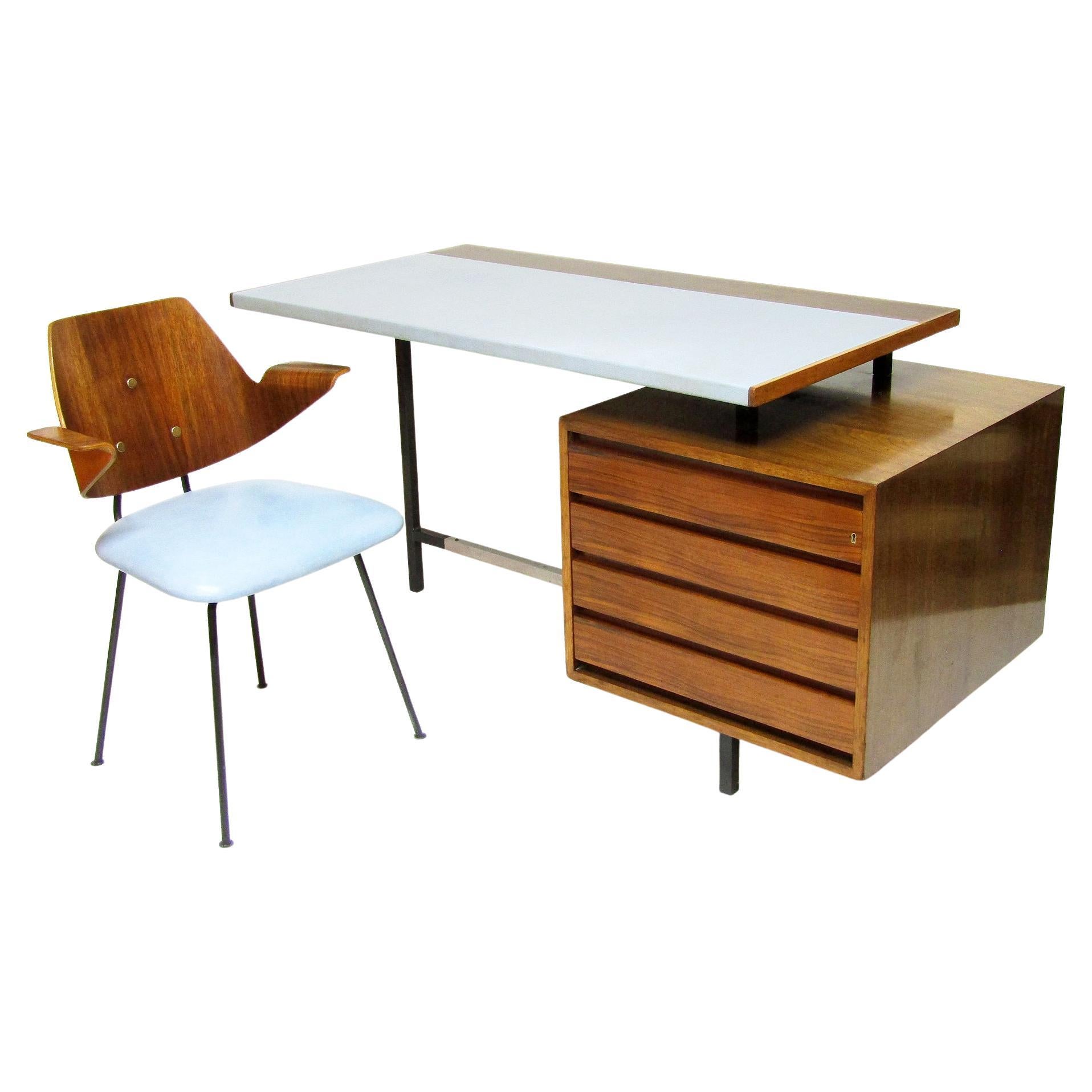 1950s Modernist Desk & Chair Set in Walnut & Leather by Robin Day for Hille