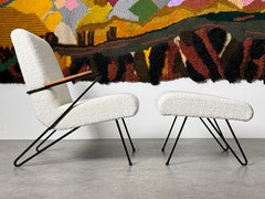 American Modernist Iron Frame Lounge Chair and Ottoman in White Boucle 1950s