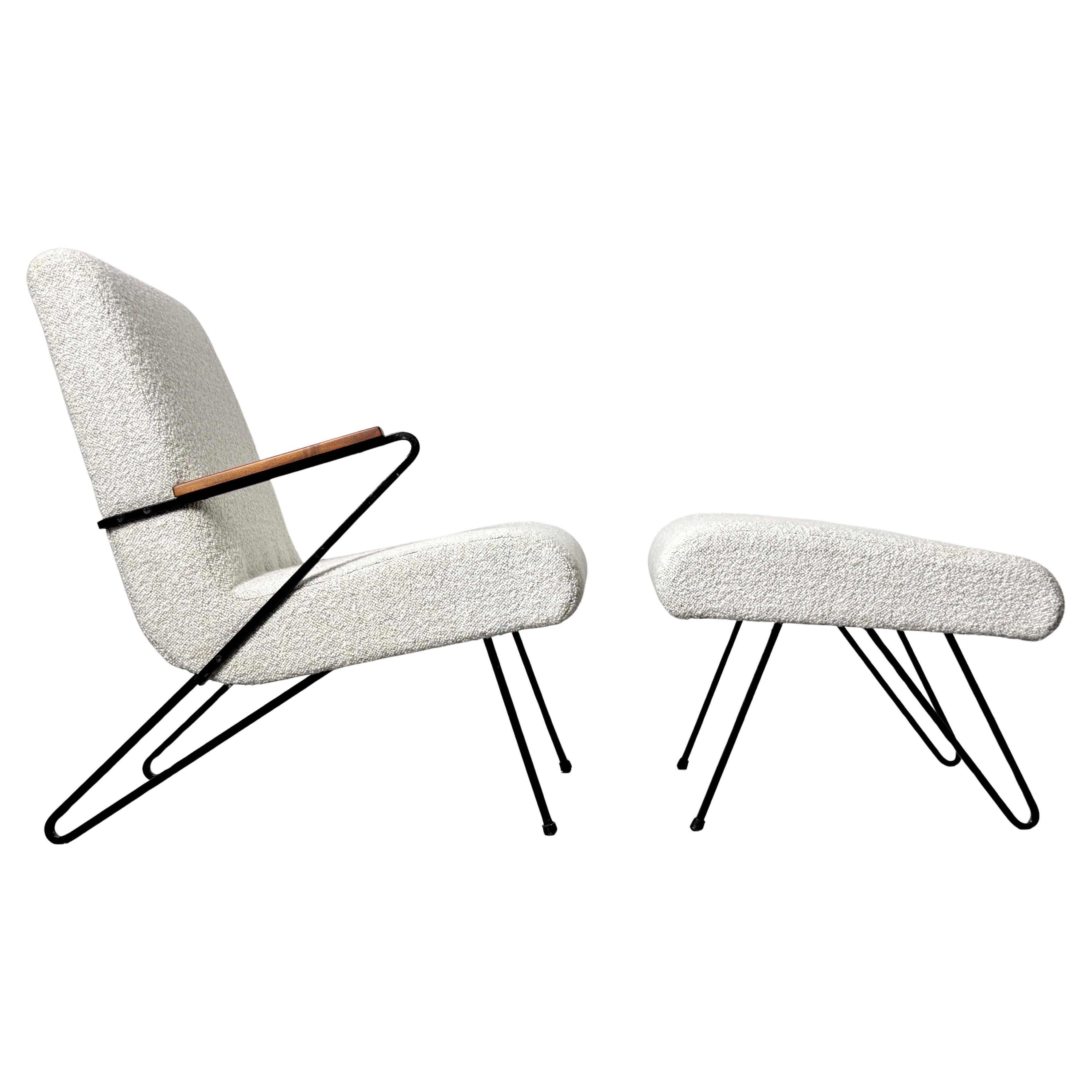 1950's American Modernist Iron Z Frame Lounge Chair and Ottoman in Cream Boucle For Sale