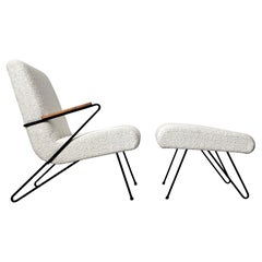 1950's Modernist Iron Hairpin Lounge Chair and Ottoman in Cream Boucle 1950's
