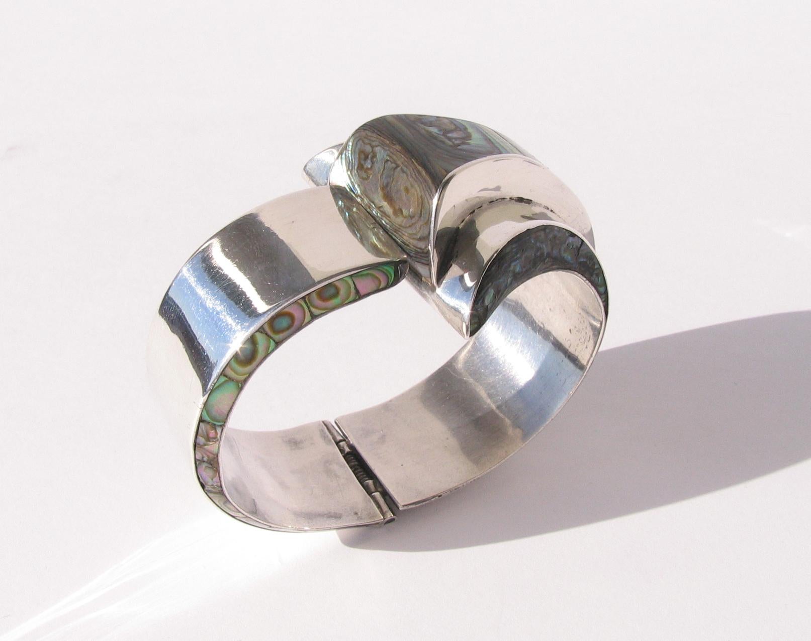 Women's or Men's 1950's Modernist Mexican Silver And Abalone Wave Cuff Bracelet