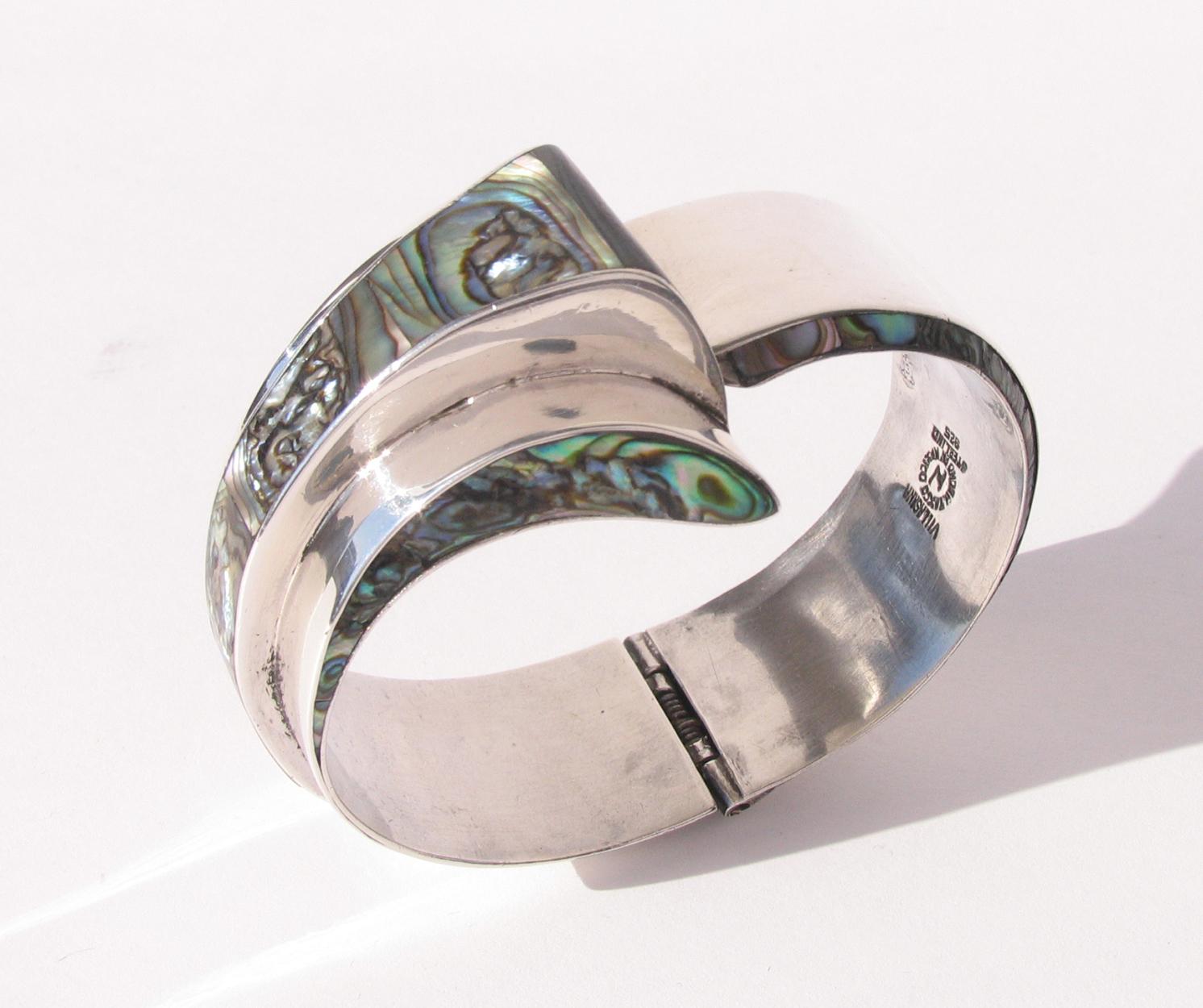 1950's Modernist Mexican Silver And Abalone Wave Cuff Bracelet 1
