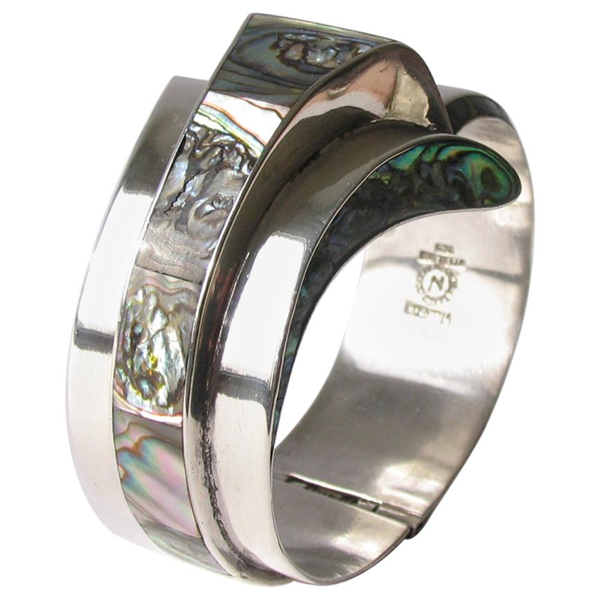 1950's Modernist Mexican Silver And Abalone Wave Cuff Bracelet