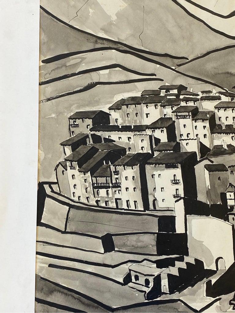 Mid-Century Modern 1950's Modernist Painting, Black & White Town Landscape For Sale